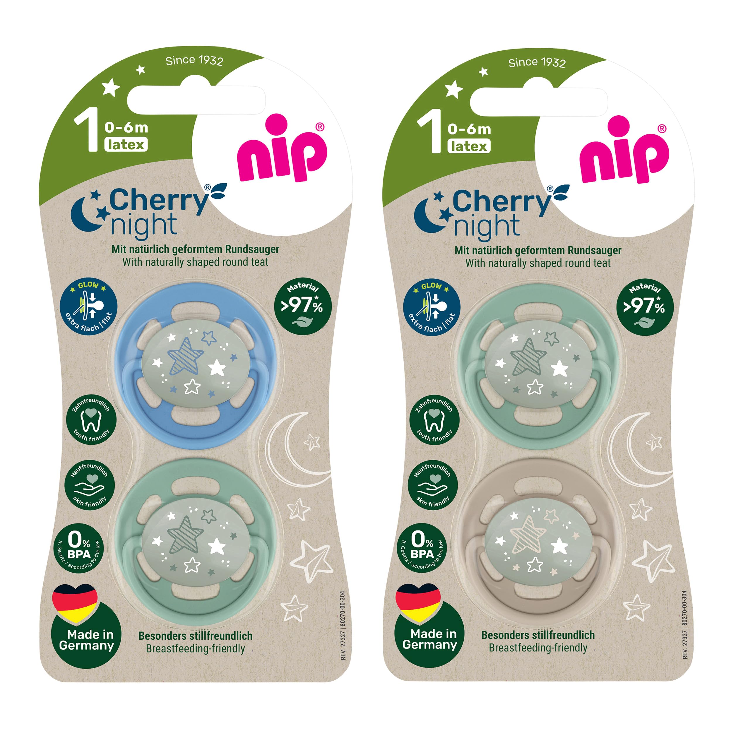 Besuche den nip- nip - Cherry Green Night | 0-6 Monate | 4er Pack | Kirschform | Stillfreundlicher, kiefergerechter Babyschnuller. Leuchtet im Dunkeln. Nachhaltiger Schnuller aus natürlichen Rohstoffen, Blau/Grün in use