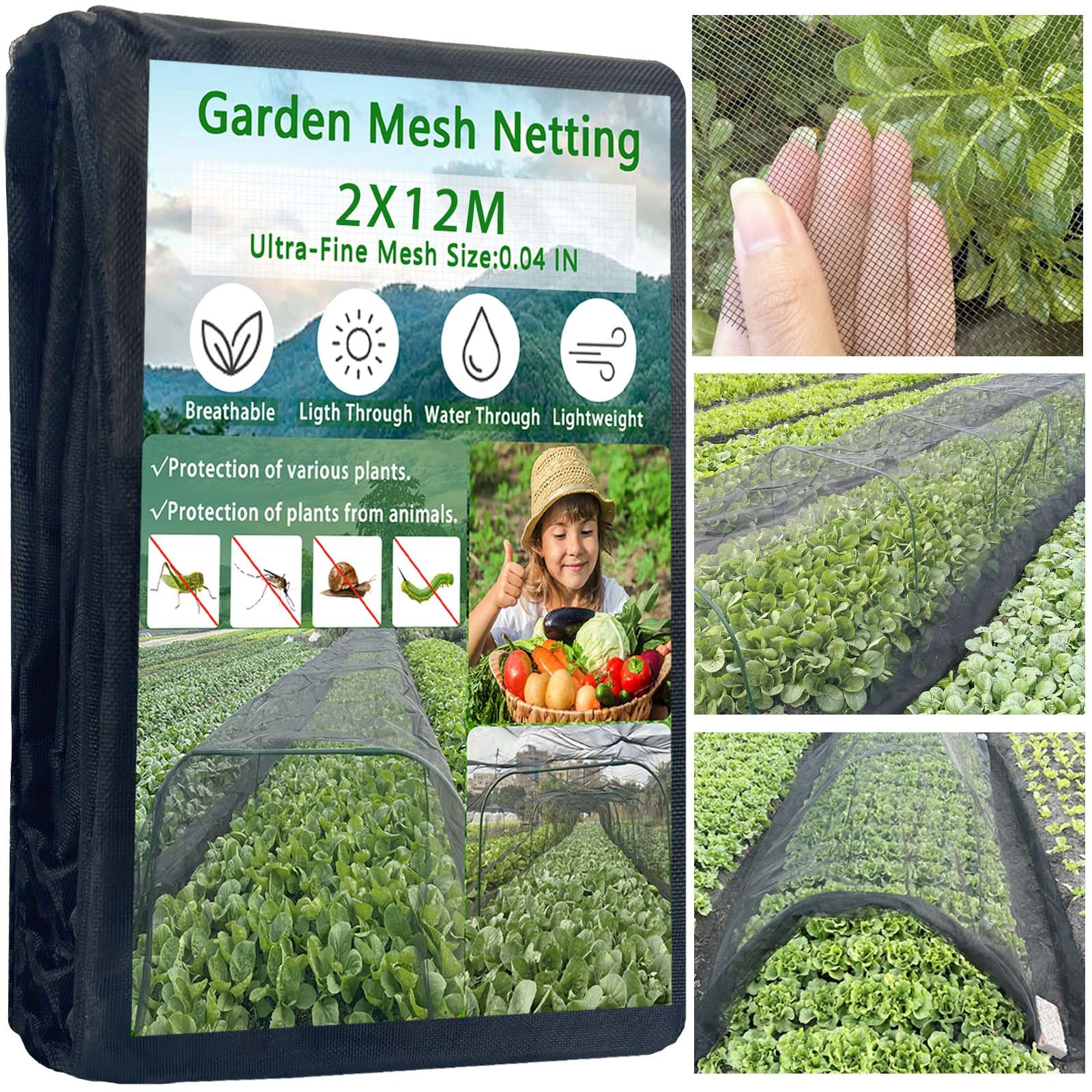 2x12M Black Thickened Garden Mesh Netting, Nano PPT Ultra Fine Plant Row Cover,30% Shade Rate Reusable and Durable Mosquito Netting Screen Bird Barrier Netting for Vegetable Fruits Flowers Protection