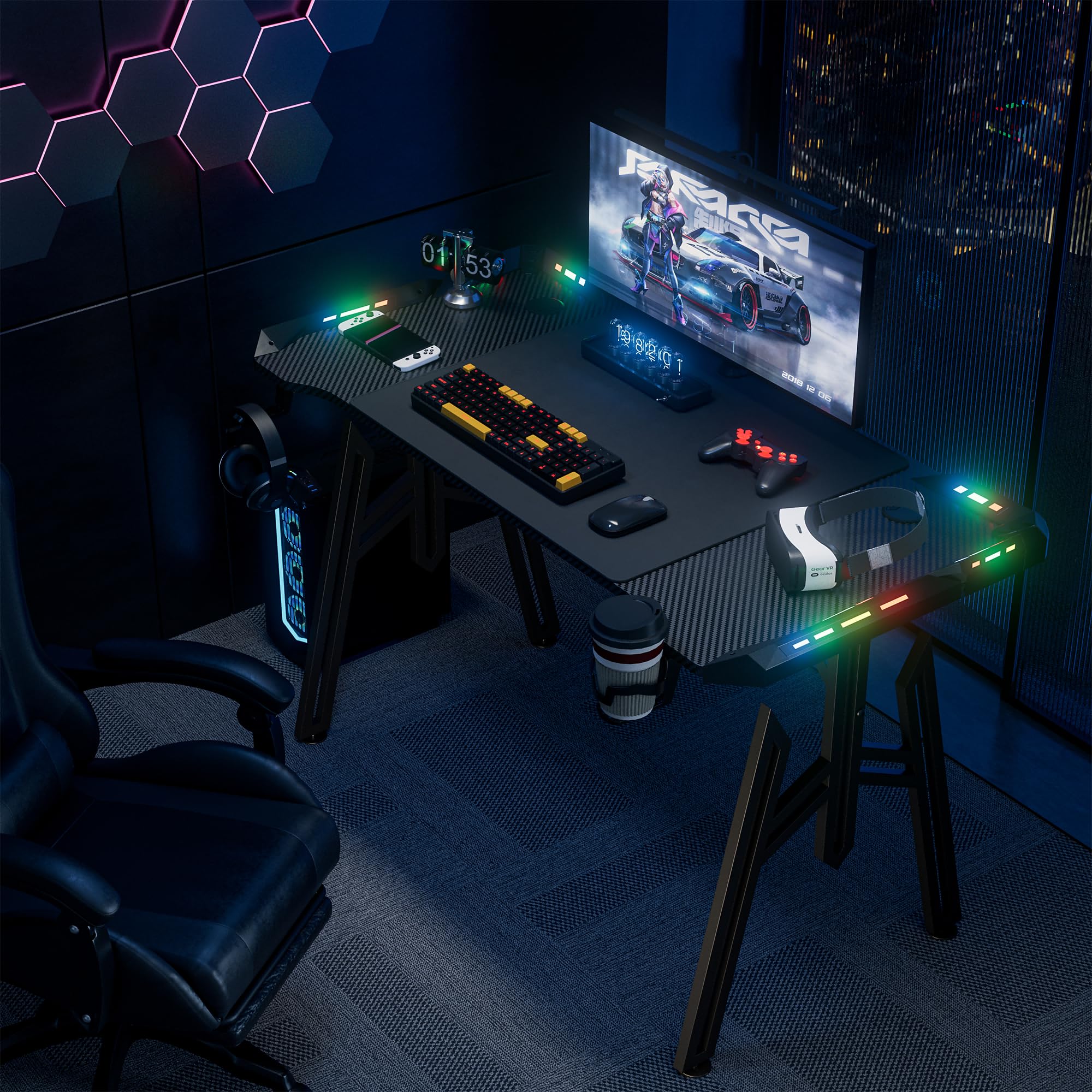 YRHome Biurko gamingowe, ergonomiczne, z diodami LED, czarny, stół gamingowy, z powłoką z włókna węglowego, z uchwytem na napoje i hakiem na słuchawki, nogi M 160 x 60 x 73 cm