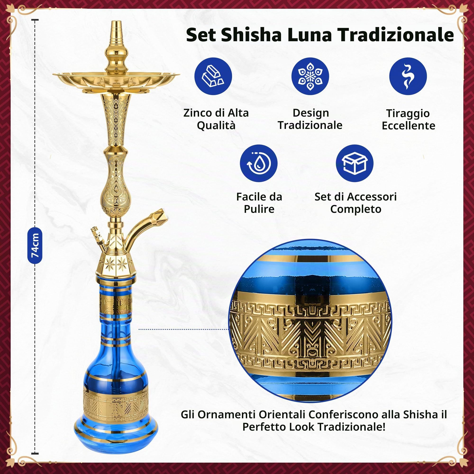 Luna Tradi Hookah - Set completo per narghilè, in metallo di alta qualità, con ciotola in vetro, testa in pietra, tubo in similpelle con bocchino, pinza, forchetta, blu