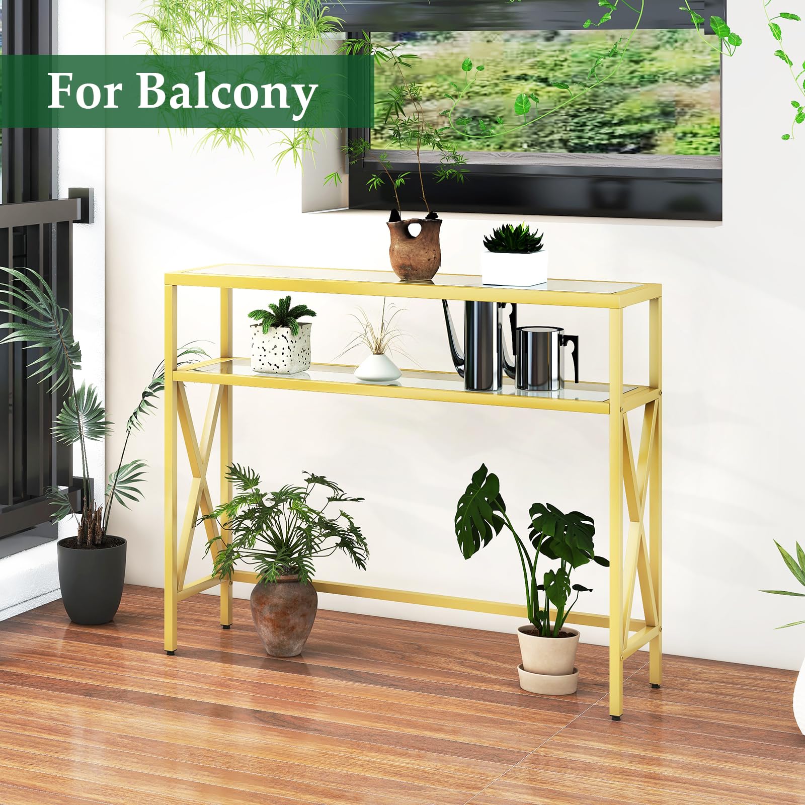 YMYNY Konsolentisch, Gehärtetes Glas Sofa Tisch, Industrieller Eingangstisch für Flur, Schmaler Sofastisch mit Regalen, Kompakter Anzeigetisch für kleine Räume, 101×25×80.5CM Golden HGD007G
