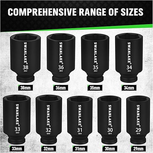 Miniatura 2 de SWANLAKE - Juego de 9 llaves de impacto métricas de 12 pulgada, tuerca de eje de husillo, 1.142 in-1.496 in, CR-V