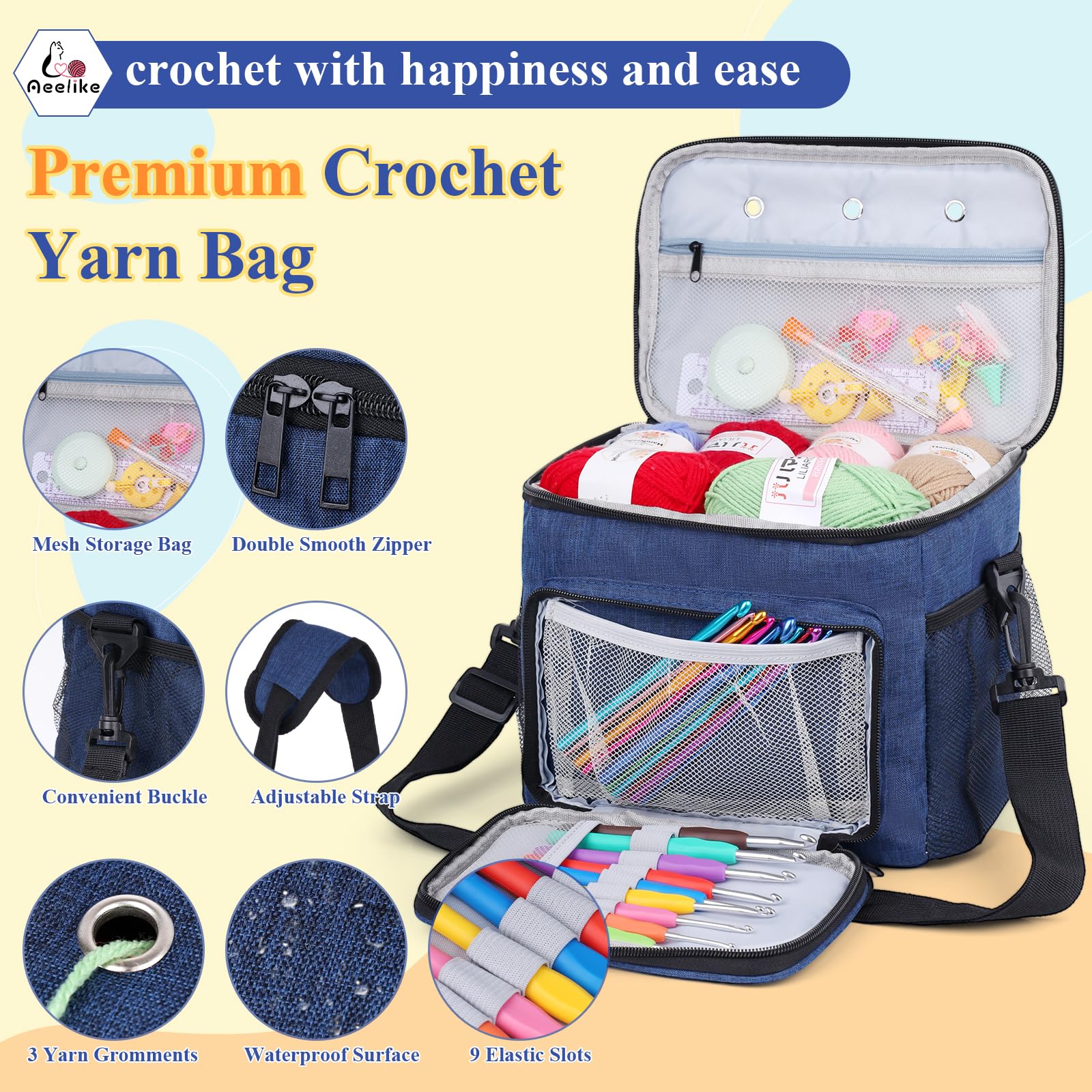 Aeelike Komplettes Anfänger-Set, 87-teilig, Häkelset für Anfänger und Erwachsene, marineblaue tragbare Garntasche, 23 Häkelnadeln, Garn 20 Farbknäuel, Anleitung und Häkelzubehör