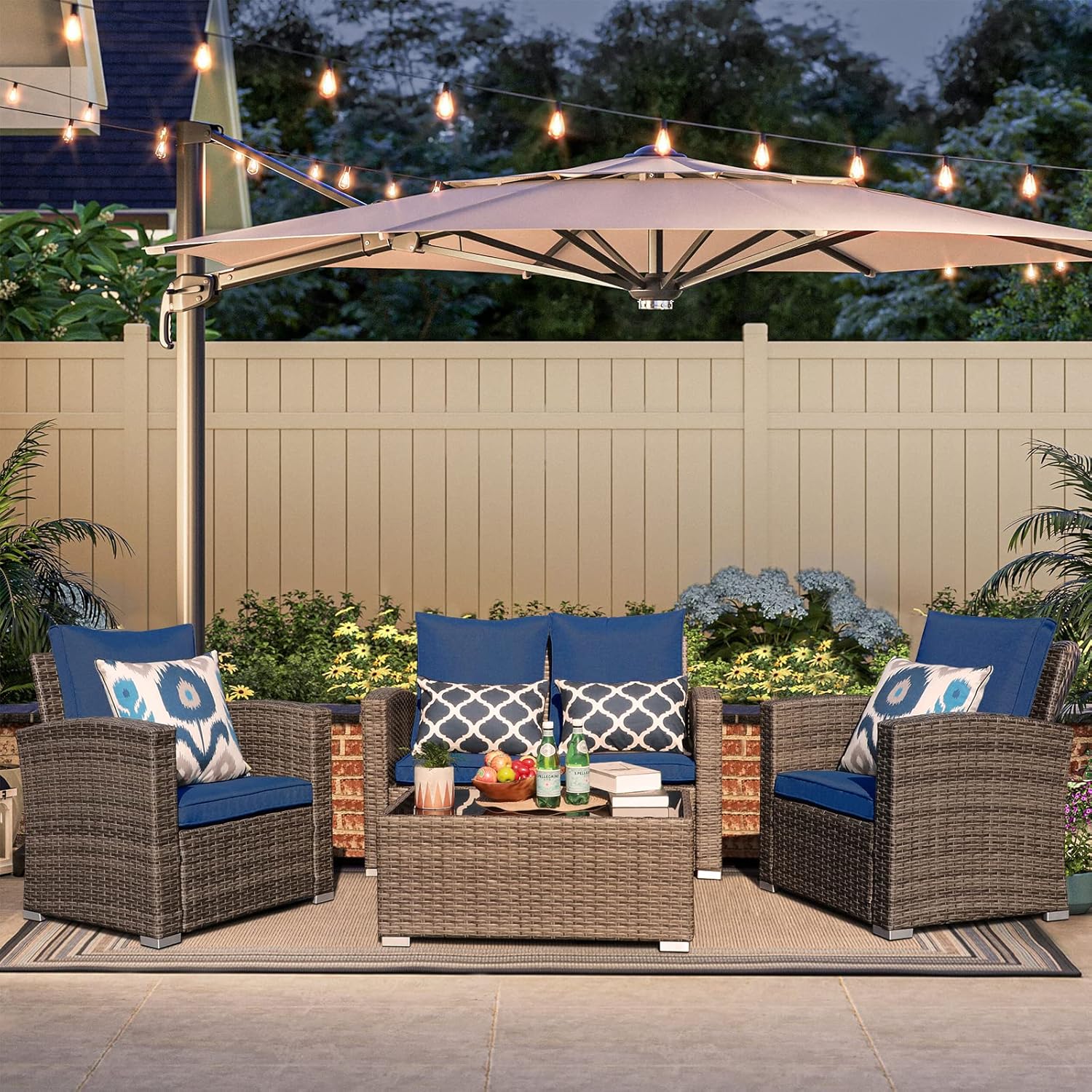 JOIVI 4 Piece Outdoor Patio Furniture Set, All-Weather Wicker Patio Conversation Set, PE Rattan Loveseat Sofa Chair Set with Tempered Glass Coffee Table, Navy Blue : Patio, Lawn & Garden