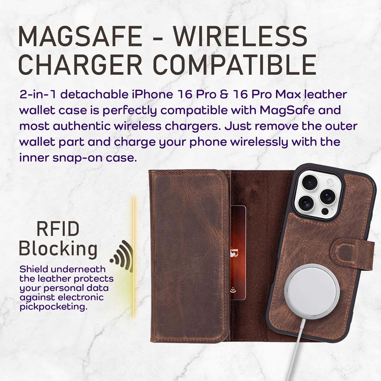 Bayelon Coffee Brown Wallet Case for iPhone 16 Pro | for iPhone 16 Pro, Trifold Leather Wallet, Detachable Magnetic Flip Folio Cover, Card Holder for Men and Women, MagSafe Compatible, RFID - Image 5