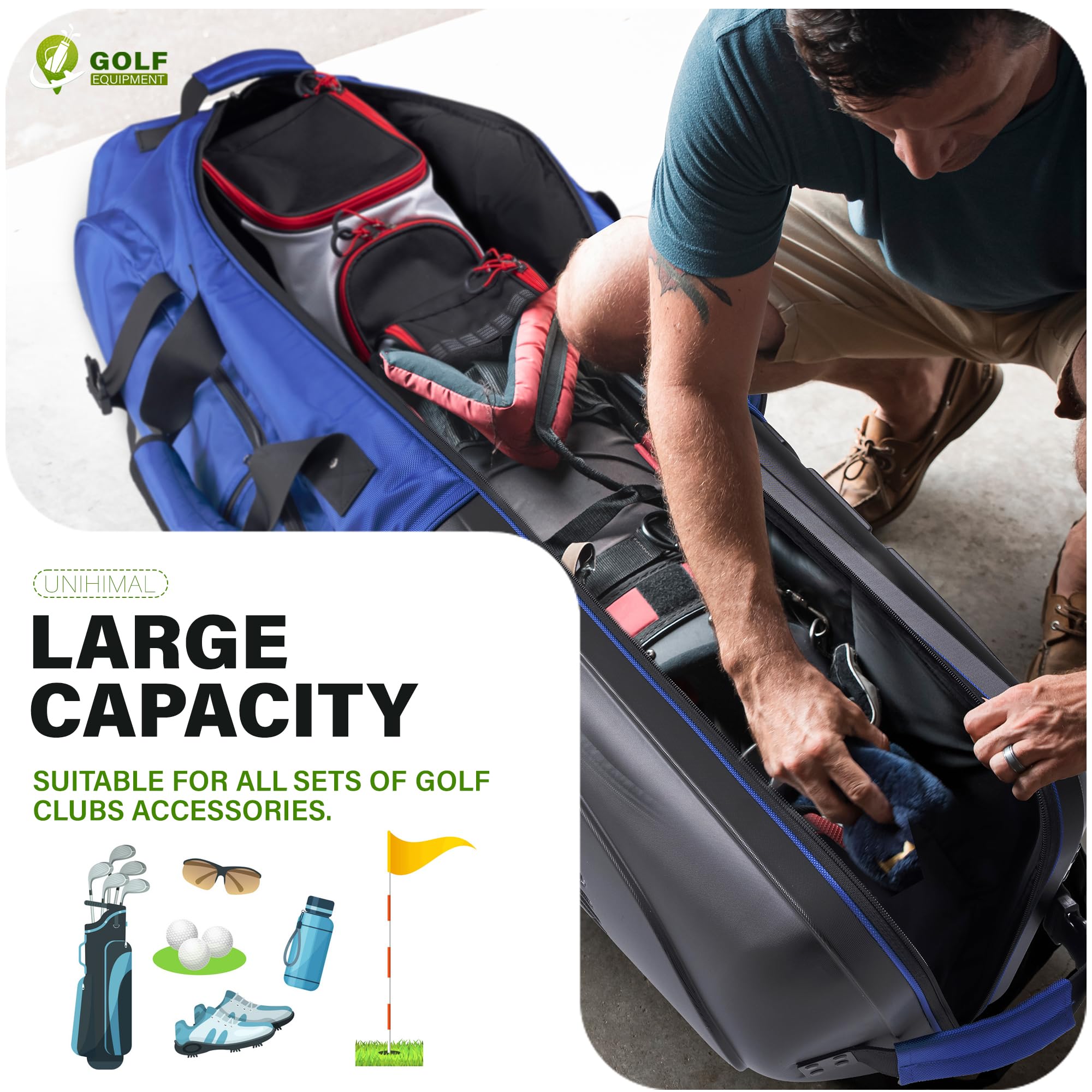UNIHIMAL Golf-Reisetasche mit Hartschalenkoffer, 1680D strapazierfähige Oxford-Golf-Reisetaschen für Fluggesellschaften mit Rädern, Golfschläger-Reisetaschen für Fluggesellschaften