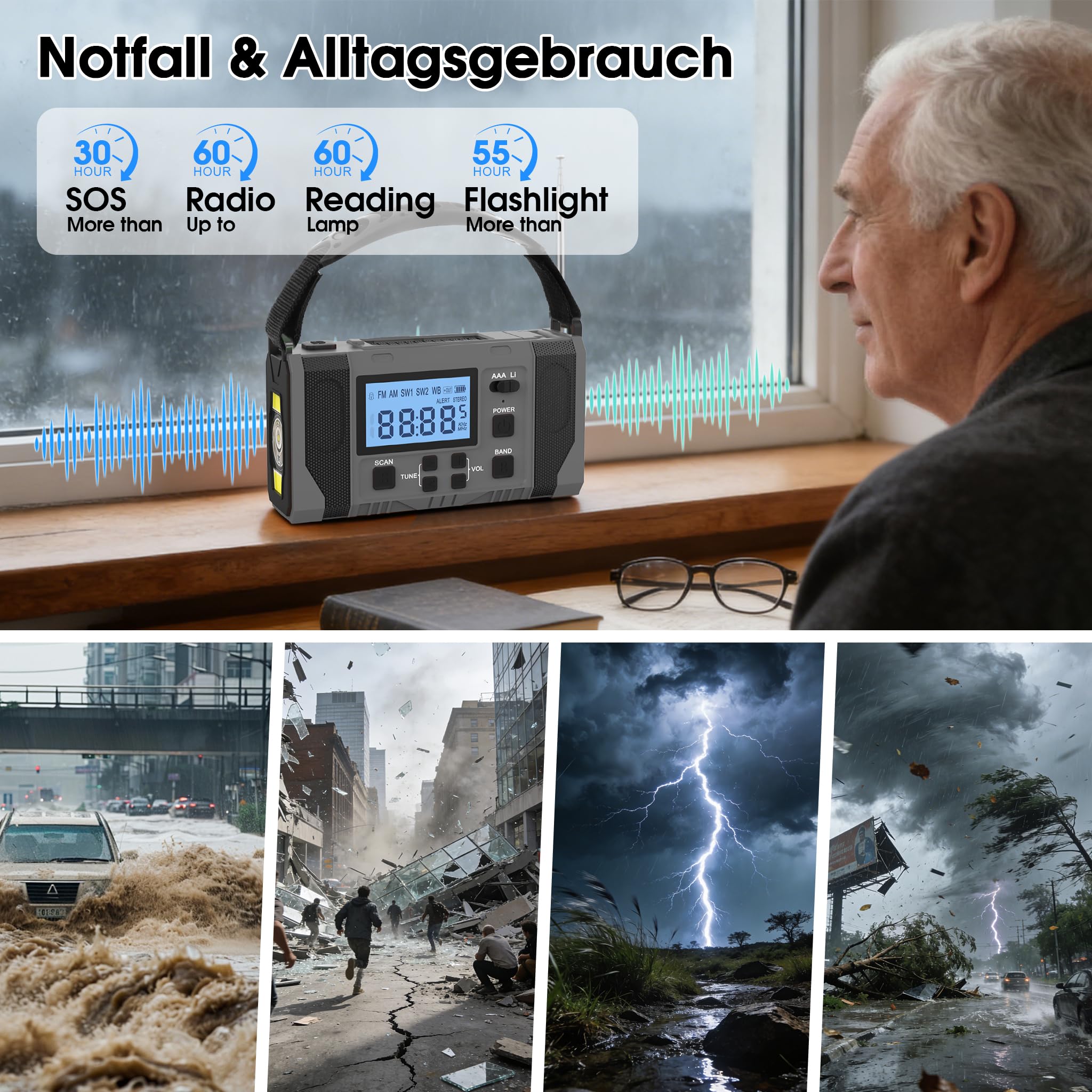 Notfall-Solar Radio, 10000mAh Notfall Kurbelradio, AM/FM Radio, Taschenlampe+ Leselicht, SOS-Alarm, Powerbank, 3-Ladearten (Solar/USB/Handkurbel), für Camping/Wandern/Stromausfall,Grau