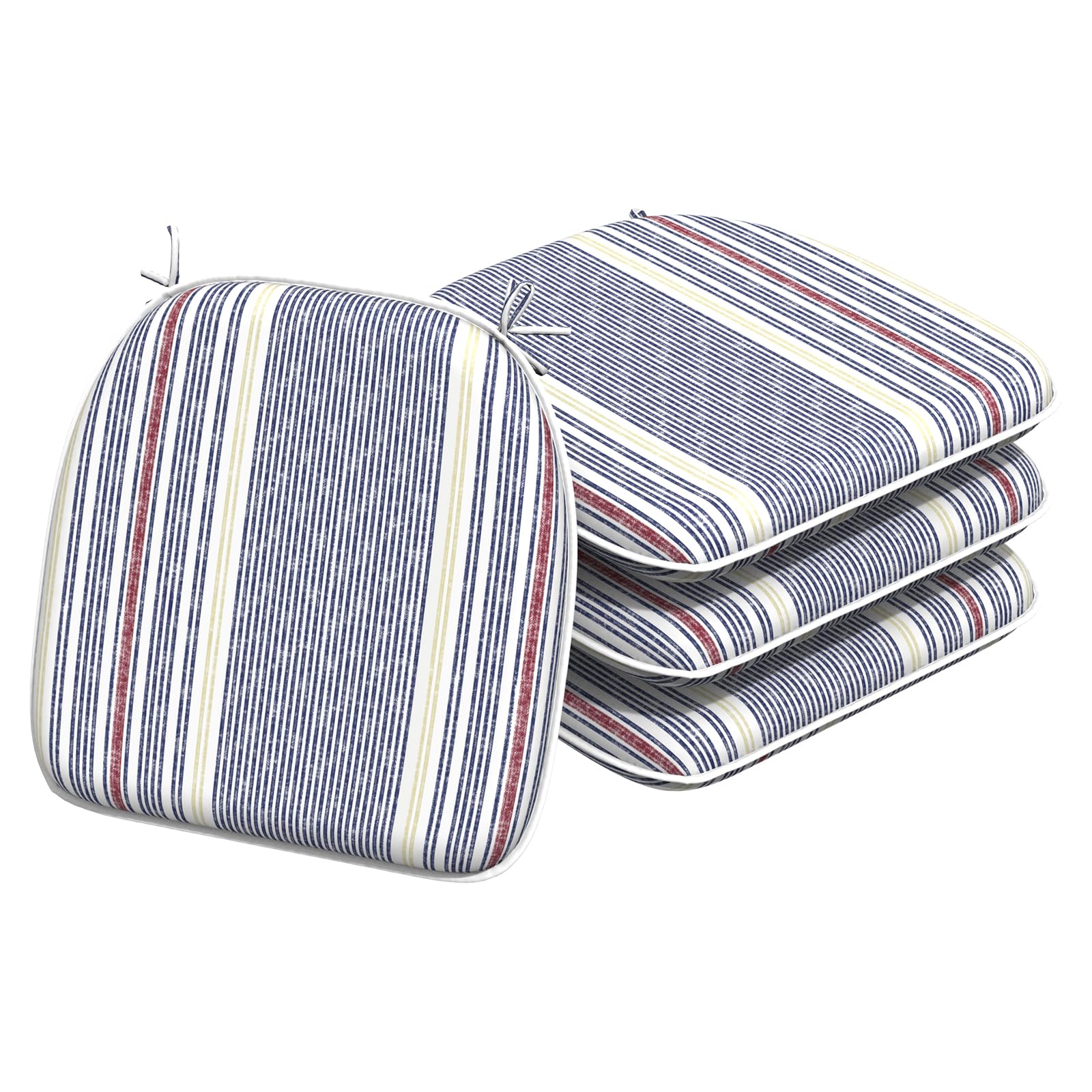 Indoor/Outdoor Chair Cushions 16x17 Inch, Patio Chair Cushions with Ties, All Weather Seat Cushions for Patio Furniture Home Garden Chair Use, Set of 4, Stripe Denim Blue