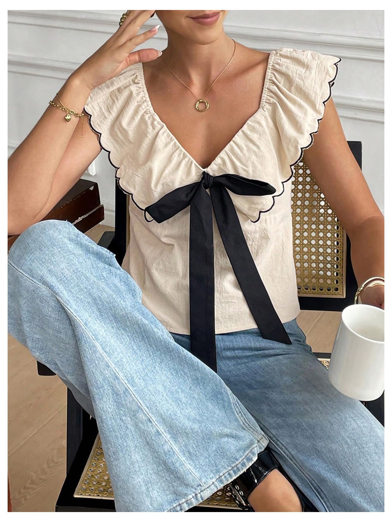 MakeMeChic Women's Bow Tie Front Sweetheart Blouse Ruffle Cap Sleeve Dressy Crop Tops