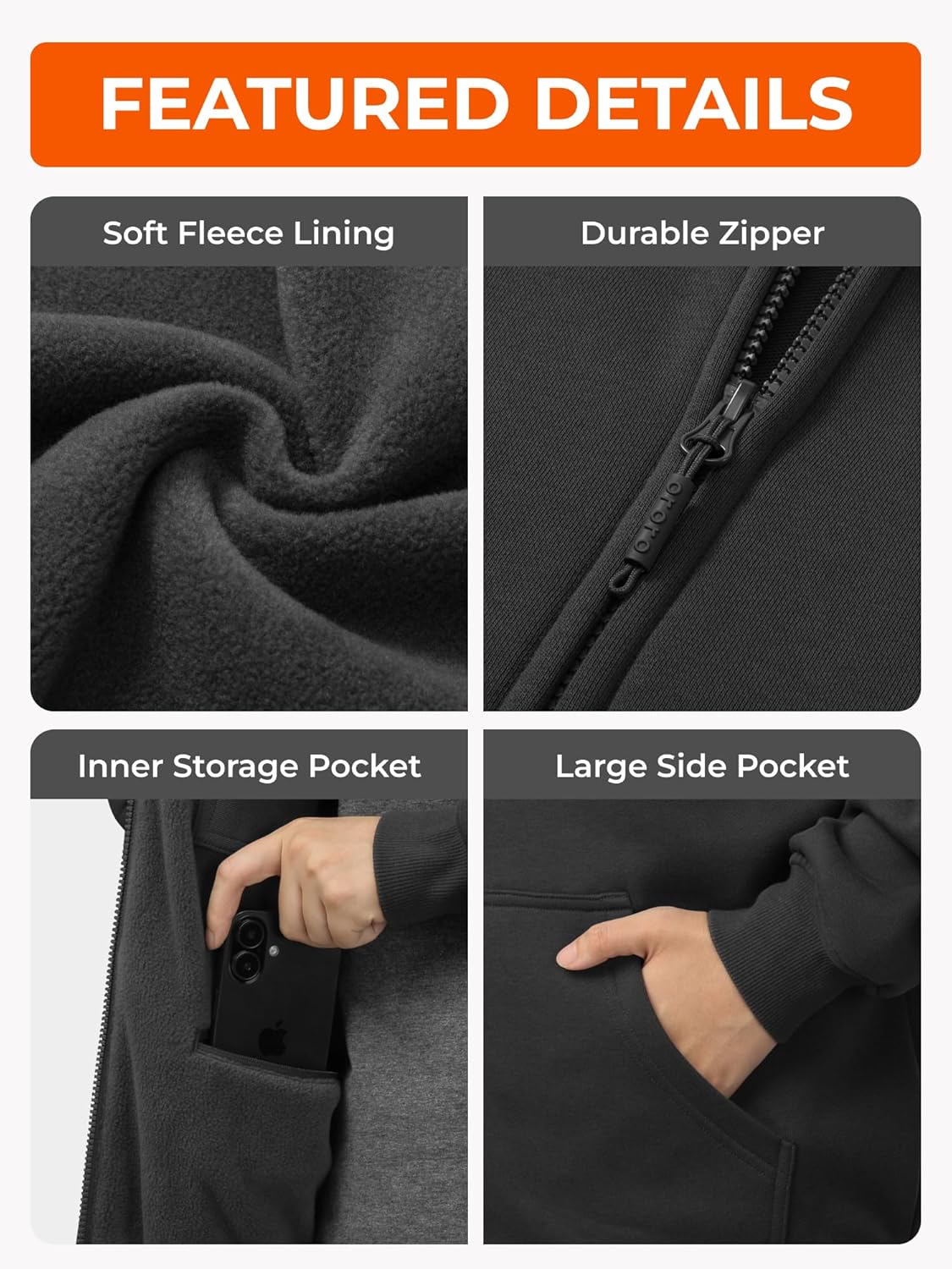 ORORO [Upgraded] 4-Zone Heated Hoodie with Heated Collar, Fleece Full-Zip Heated Sweatshirt Hoodie with Battery - Image 6