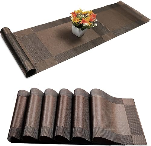 Manteles individuales con juegos de camino de mesa, mantel de cocina de vinilo tejido cruzado, tapetes de PVC lavables para mesa de comedor,