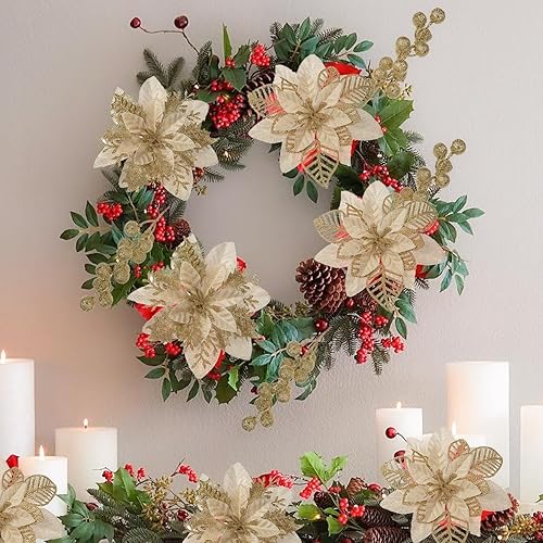 Miniatura 6 de Juego de 24 flores de Pascua de Navidad en caja dorada, 16 piezas de flores de Pascua artificiales con clips, 8 adornos para árbol de Navidad con