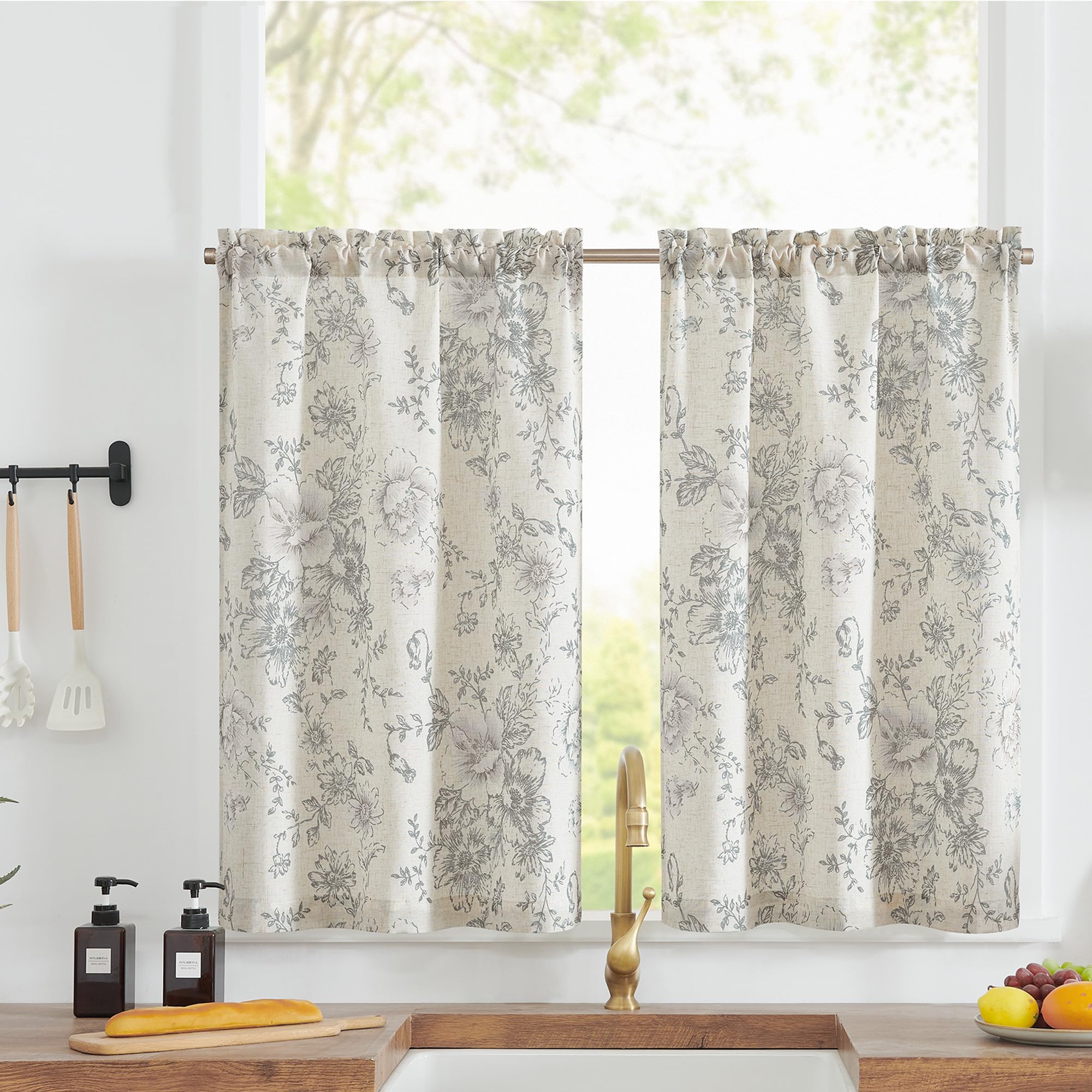 TOPICK Linen Blend Grey Floral Kitchen Curtains 24 Inch Drop Small Cafe Curtains Light Filtering Short Curtain Tiers for Bathroom Sink Rod Pocket 2 Panels