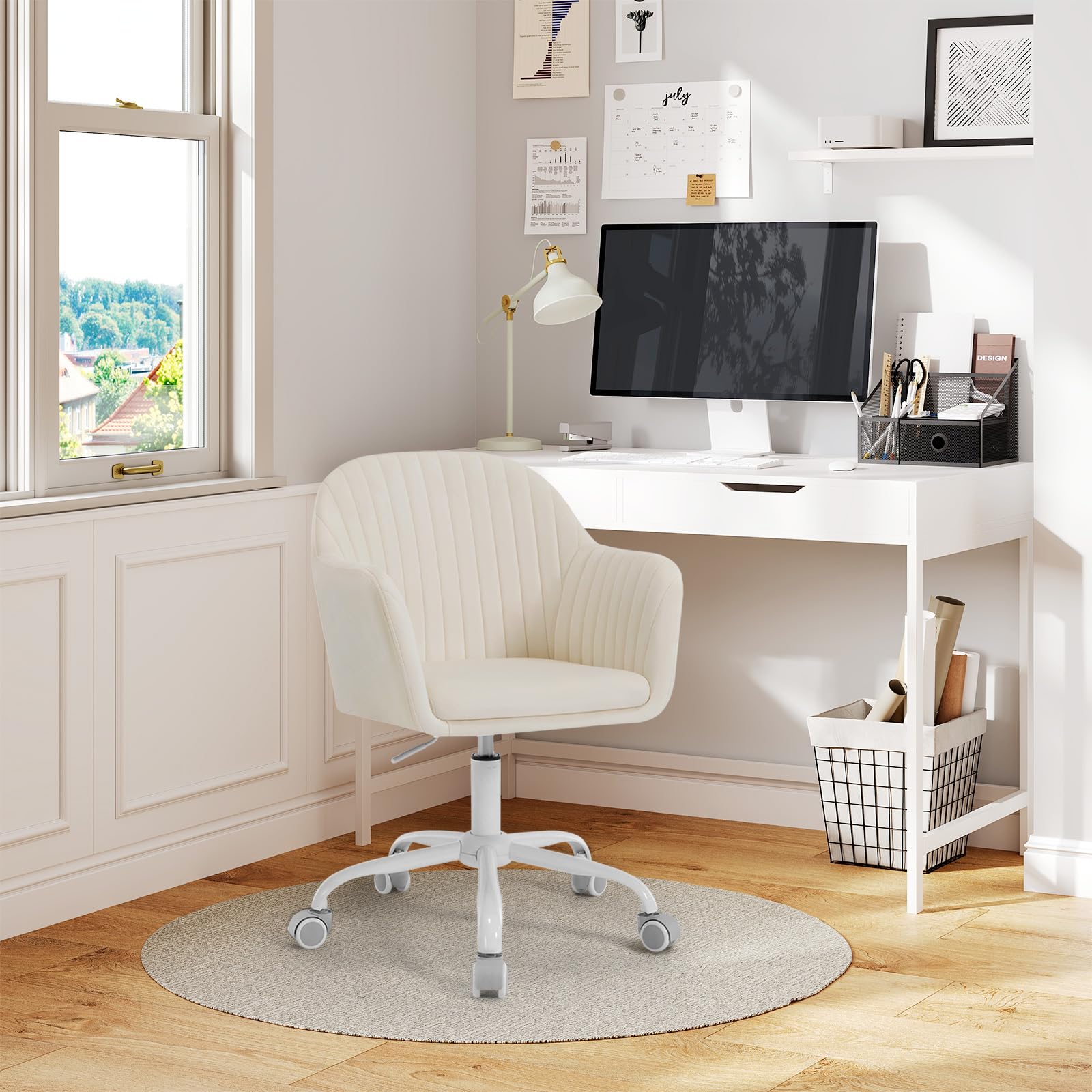 WOLTU Schreibtischstuhl, Bürostuhl ergonomisch, Homeoffice Stuhl höhenverstellbar, Schminkstuhl mit Armlehnen, Drehstuhl mit Rollen, Samt Stuhl Metallrahmen, 150 kg belastbar, Beige
