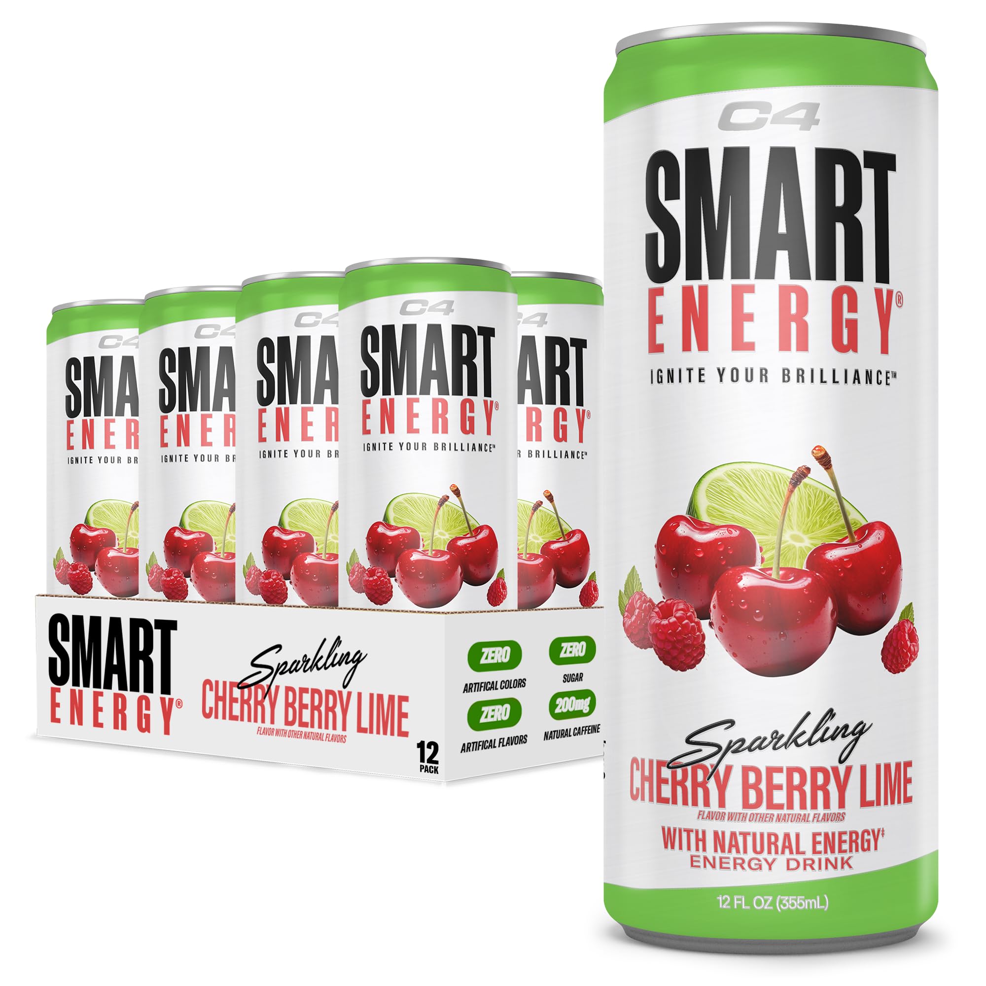 Cellucor C4 Smart Energy Drink - Sugar Free Performance Fuel & Nootropic Brain Booster, Coffee Substitute or Alternative | Cherry Berry Lime 12 Oz - 12 Pack, Cherry Berry Lime, 12 Fl Oz (Pack of 12)