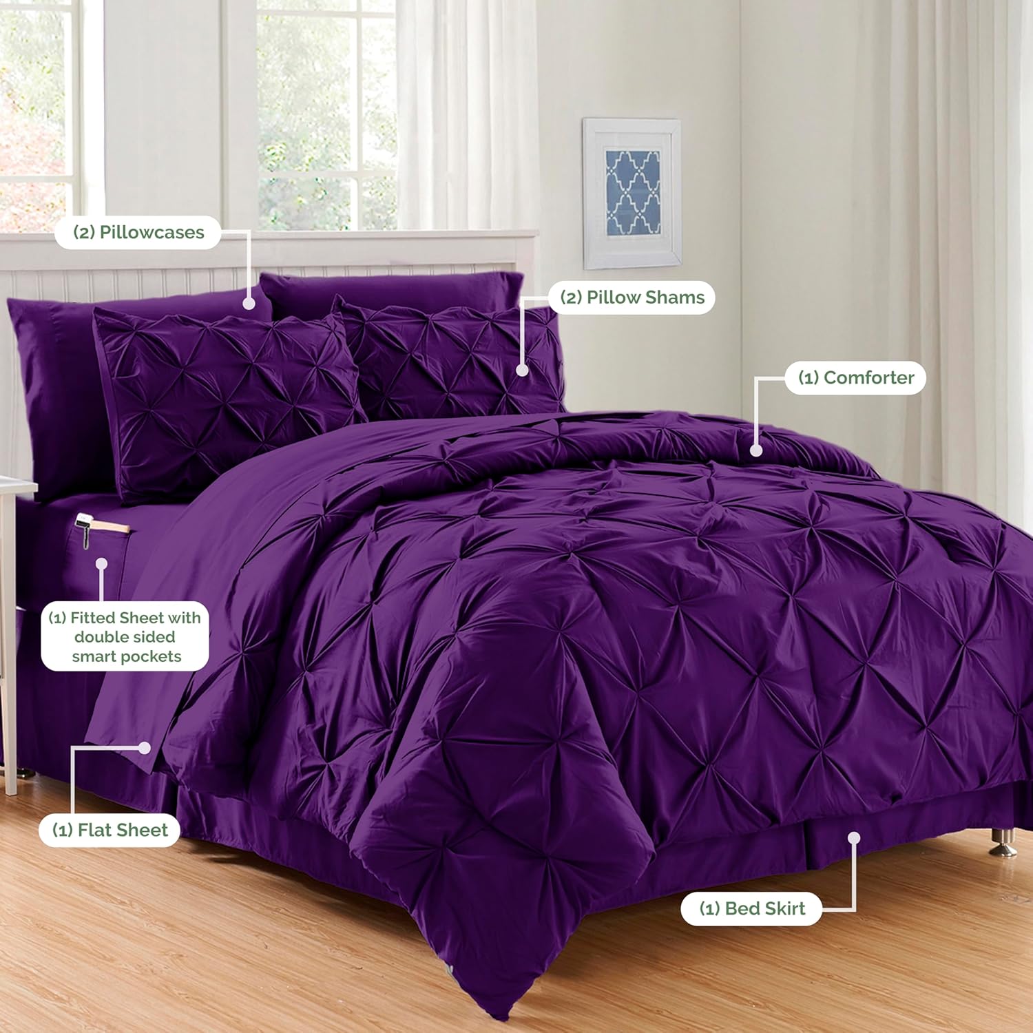 Elegant Comfort Luxury Softest, Coziest 8-Piece Bed-in-a-Bag Comforter Set - Silky Soft Complete Set Includes Bed Sheet Set with Double Sided Storage Pockets, King/California King, Purple