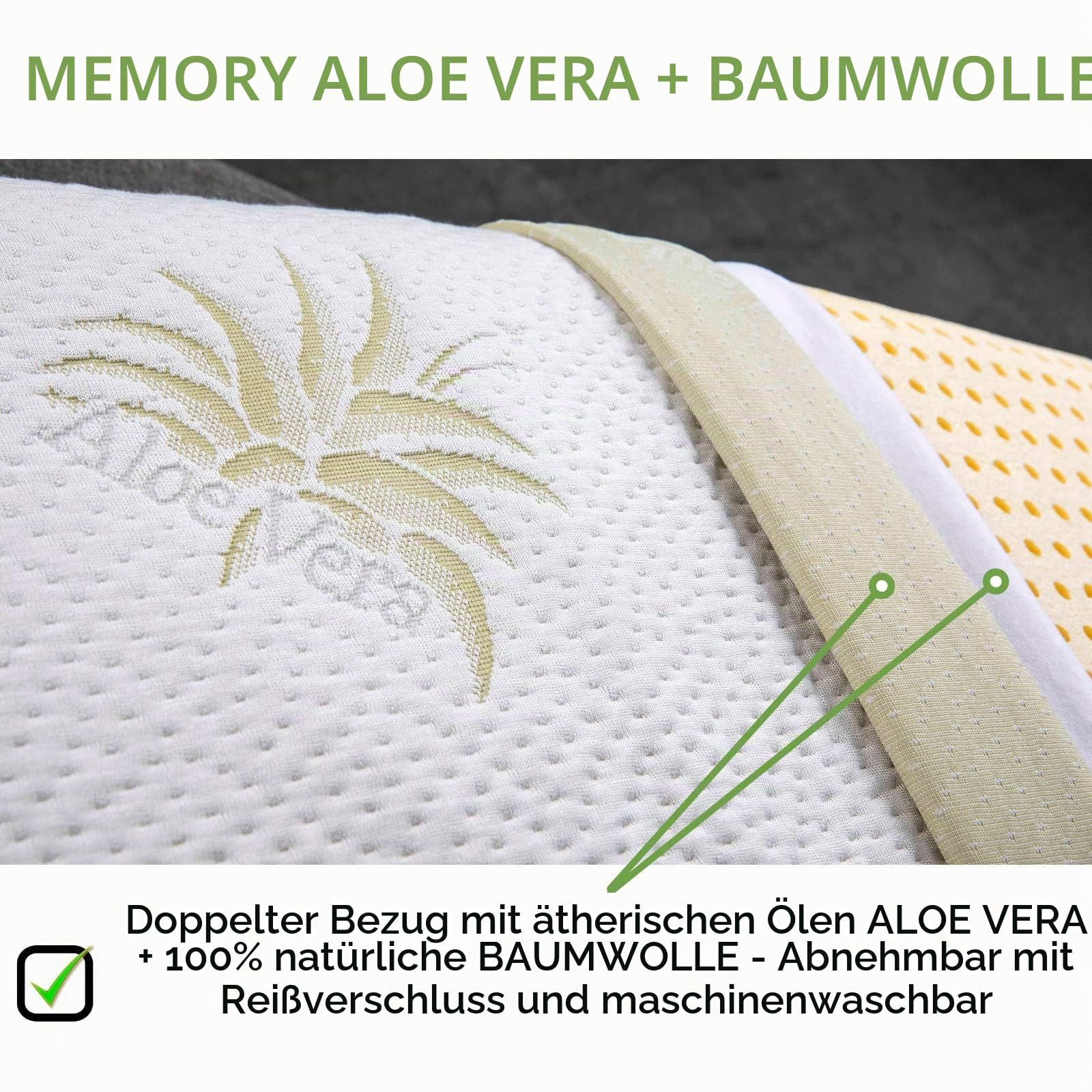 EVERGREENWEB Angebot! 2er Set Kissen 40x80 Hoch 18 cm 100% Memory Foam, Doppelbezug aus Aloe Vera und Baumwolle, herausnehmbar, für Halswirbelsäulenschmerzen, Medizinischem Gerät