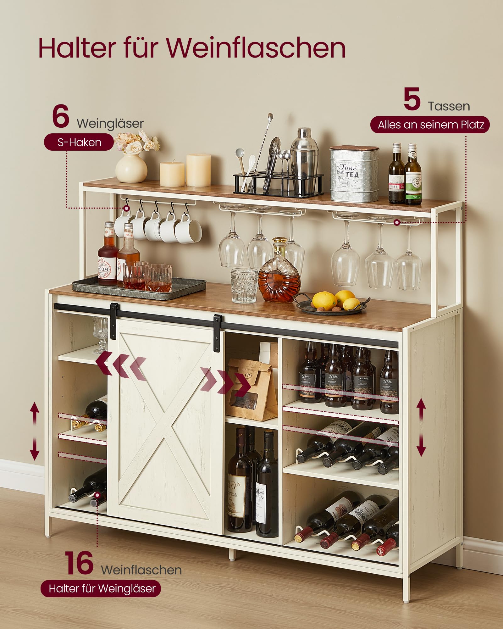 VASAGLE Barschrank, Weinschrank mit Steckdosenleiste, Sideboard mit sprachgesteuerter LED-Beleuchtung, Schiebetüren, S-Haken, Weinglashalter, Flaschenhalter, vintageweiß-honigbraun LSC201WJ02