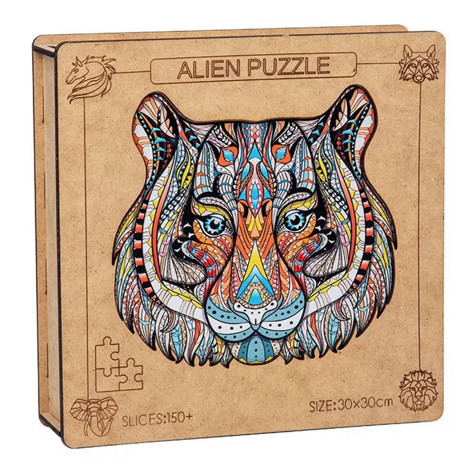 Puzzle di Legno Irregolare Unico Montessori con Animali | Puzzle di Forme con Scatola di Legno, Puzzle Decorativo Fauna con Leone Lupo Tigre Elefante Aquila Orso