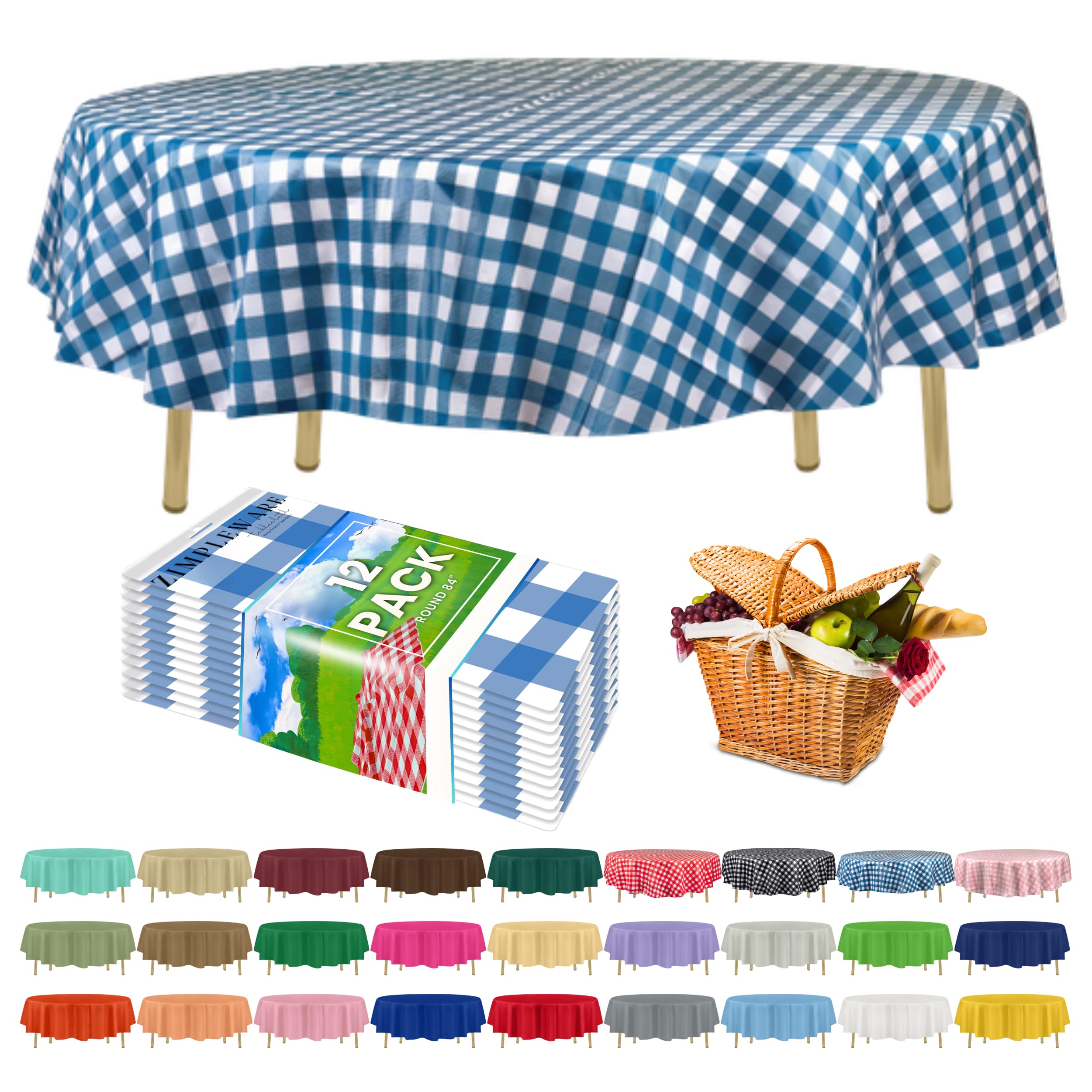 Blue Gingham Checkered 12 Pack Standard Disposable Plastic Party Picnic Tablecloth 84" Inch Round Table Cover By Zimpleware