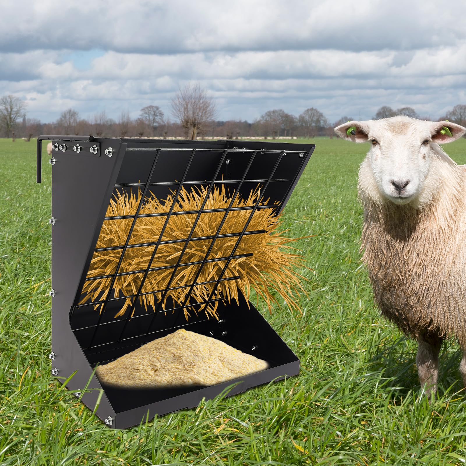 Mangiatoia 2 in 1 per fieno e cereali con spargicchio di mangime e ganci regolabili, da appendere o a parete, mangiatoia in acciaio per pecore, capre e cavalli (nero)