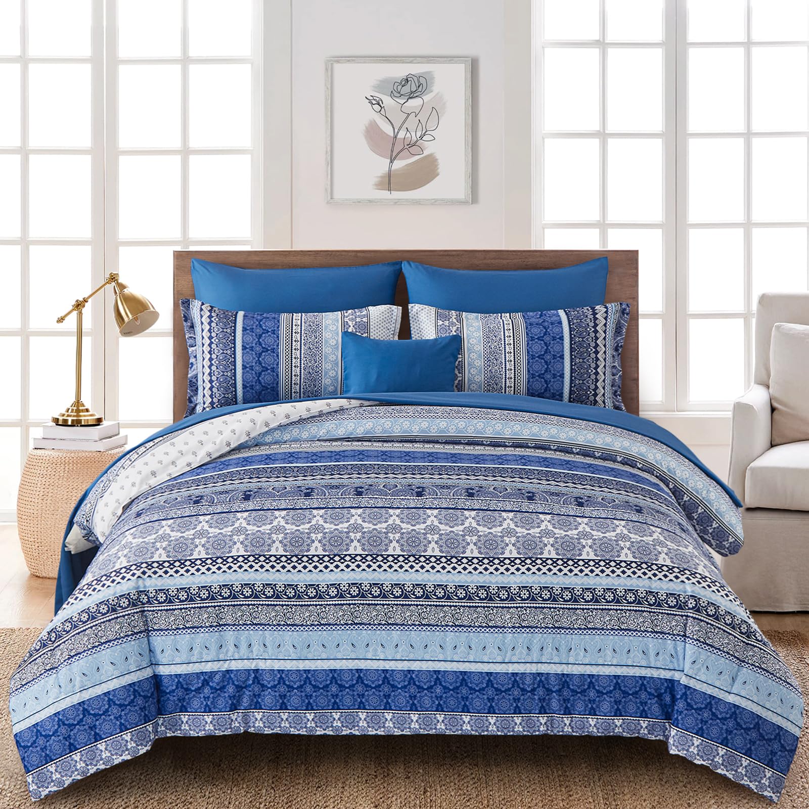WONGS BEDDING Bohemian Double Duvet Cover Set Royal Blue Colorful Boho Striped Bedding Set including 2 Pillowcases Soft Microfiber Moroccan Quilt Cover 200x200cm - Image 2