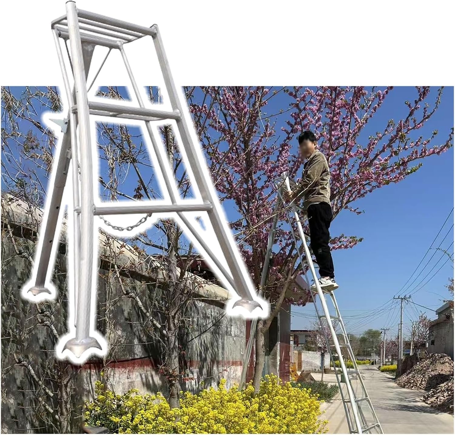 Adjustable Height Tripod Ladder for Hedge Trimming, Foldable Garden Ladder with Wide Platform, Suitable for Gardeners and Landscapers