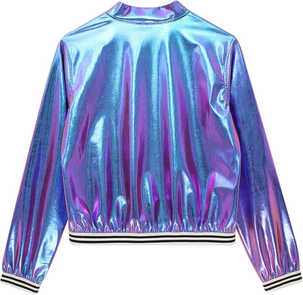 QinCiao Men's Shiny Holographic Zip Up Bomber Jacket Lightweight