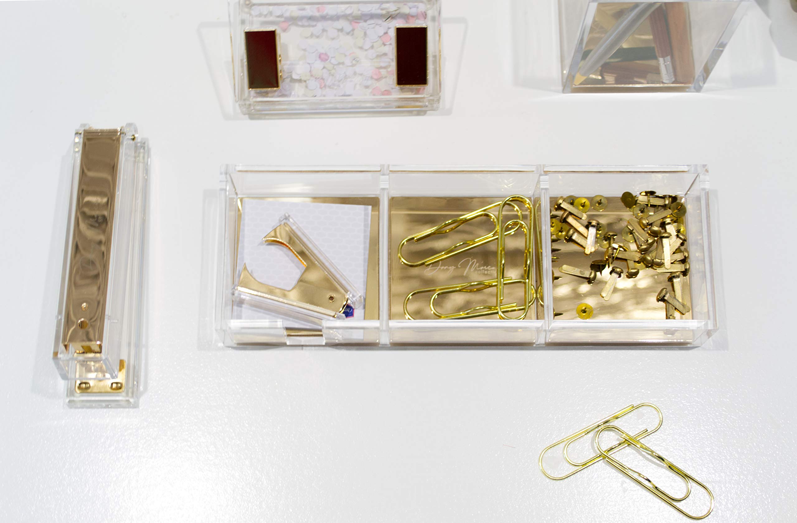 Organizador de escritorio acrílico transparente con oro, 3 compartimentos para notas, oficina y cosméticos, moderno organizador de escritorio