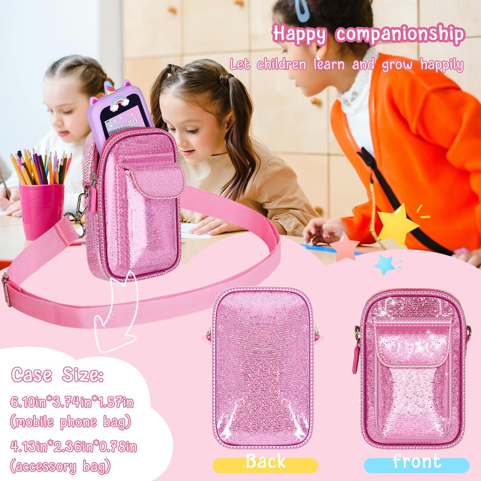 Teléfono inteligente para niños para niñas, bolsa universal para Luoba/para Yosfeng/para WEOLULI/para UCIDCI y más, bolsa de polvo con purpurina con correa de hombro extraíble para teléfono de 3