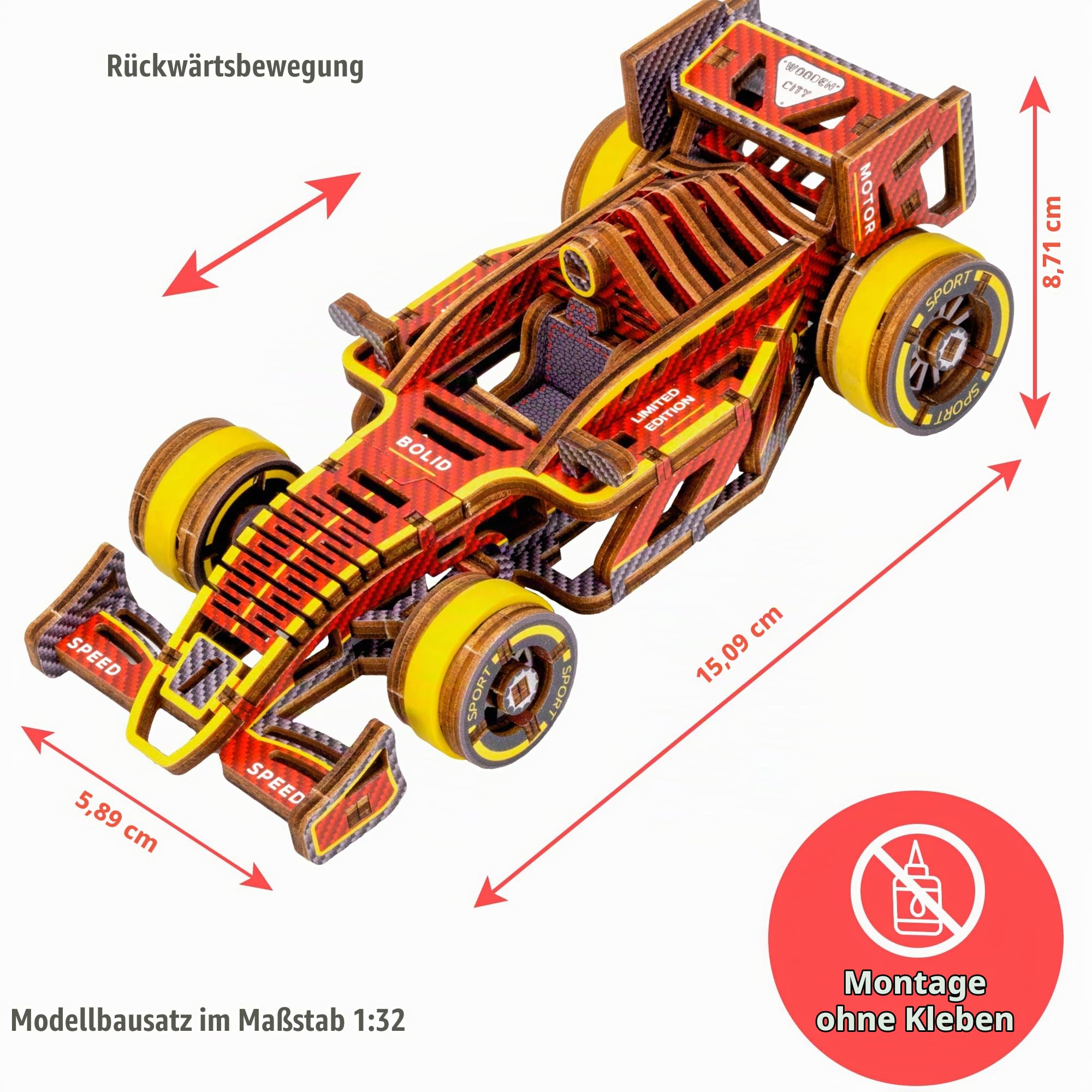 WOODEN.CITY Bolid Limited Edition - 3D-Holz Rennwagen Formel 1, Holzpuzzle Erwachsene, Modellauto Bastelset, Laser Cut 3D Puzzle, Bausatz Erwachsene, Modellbausatz, Holzbausatz