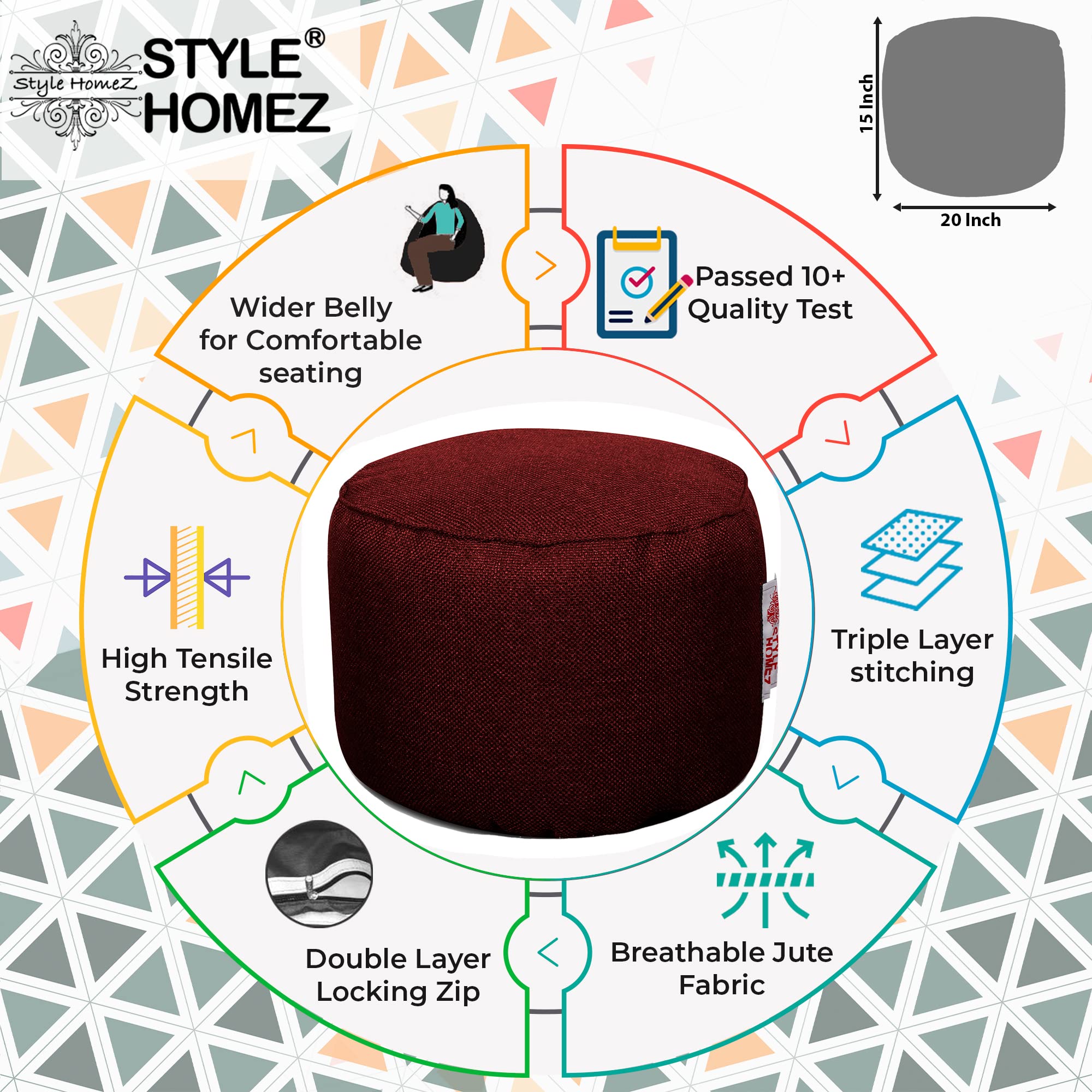 Style Homez ORGANIX Collection, Round Poof Bean Bag Ottoman Stool Large Size Crimson Red Color in Organic Jute Fabric, Cover Only 2