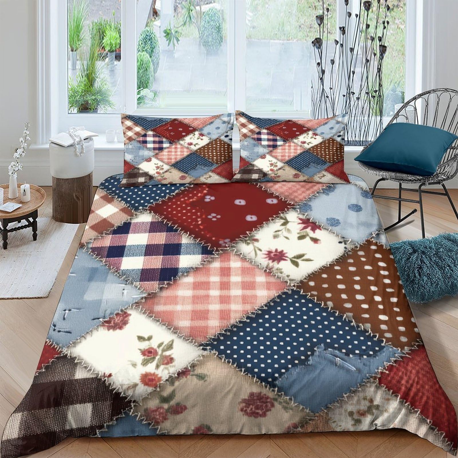 GPLZQXKJNH 3D Printed Patchwork Floral Duvet Cover Microfiber Soft Breathable Plaid Bedding Set with 2 Pillowcases for Bedroom Decor Single（135x200cm）