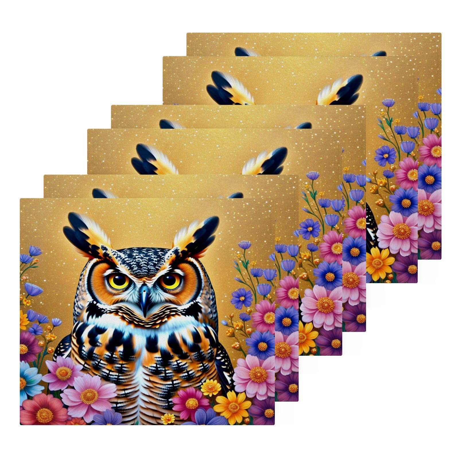 Flradish 4 Pack Golden Owl Flowers Pure Cotton Washcloths 12 x 12 Inch Reusable Absorbent Soft Cotton Face Towels Fingertip Towels Set for Gym Towels,Hotel and Spa