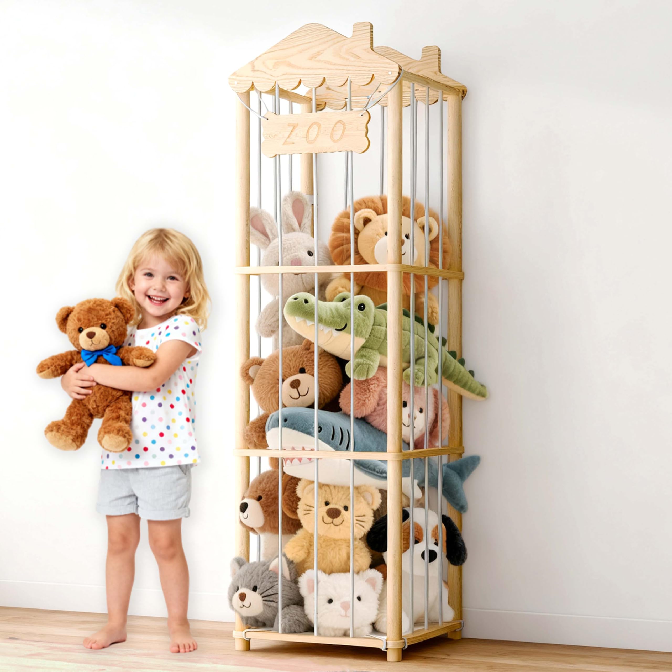 AMBIRD Kuscheltier Aufbewahrung Kinderzimmer, 140 * 40 * 40 cm Holz Kinder Spielzeug Regal für Kuscheltiere, Stofftiere, Plüschtier, Kinderregal Stofftier Aufbewahrung, Groß Plüschtiere Organizer