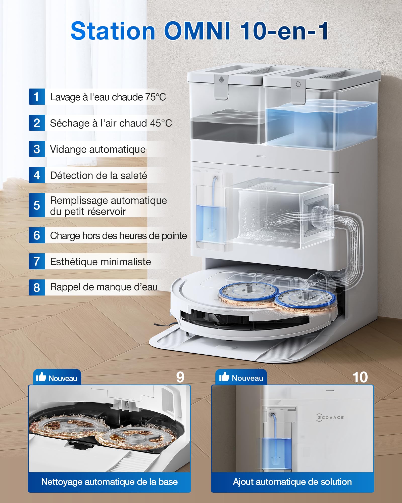 ECOVACS T50 Pro Omni Aspirateur Robot, 15000Pa amélioré par T30 Pro Omni, Brosse latérale et serpillière Extensibles, Ajout Automatique Solution de Nettoyage, Lavage à l'eau Chaude 75℃, Blanc