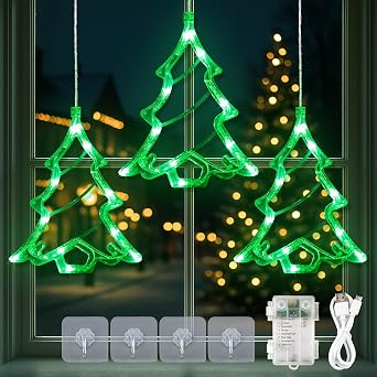 YOUNGAR Christmas Tree Window Lights, 5FT 30 LED Battery/USB Powered with Timer, Waterproof with 8 Modes Memory for Home Bedroom Birthday Party Indoor Outdoor Decor, Green
