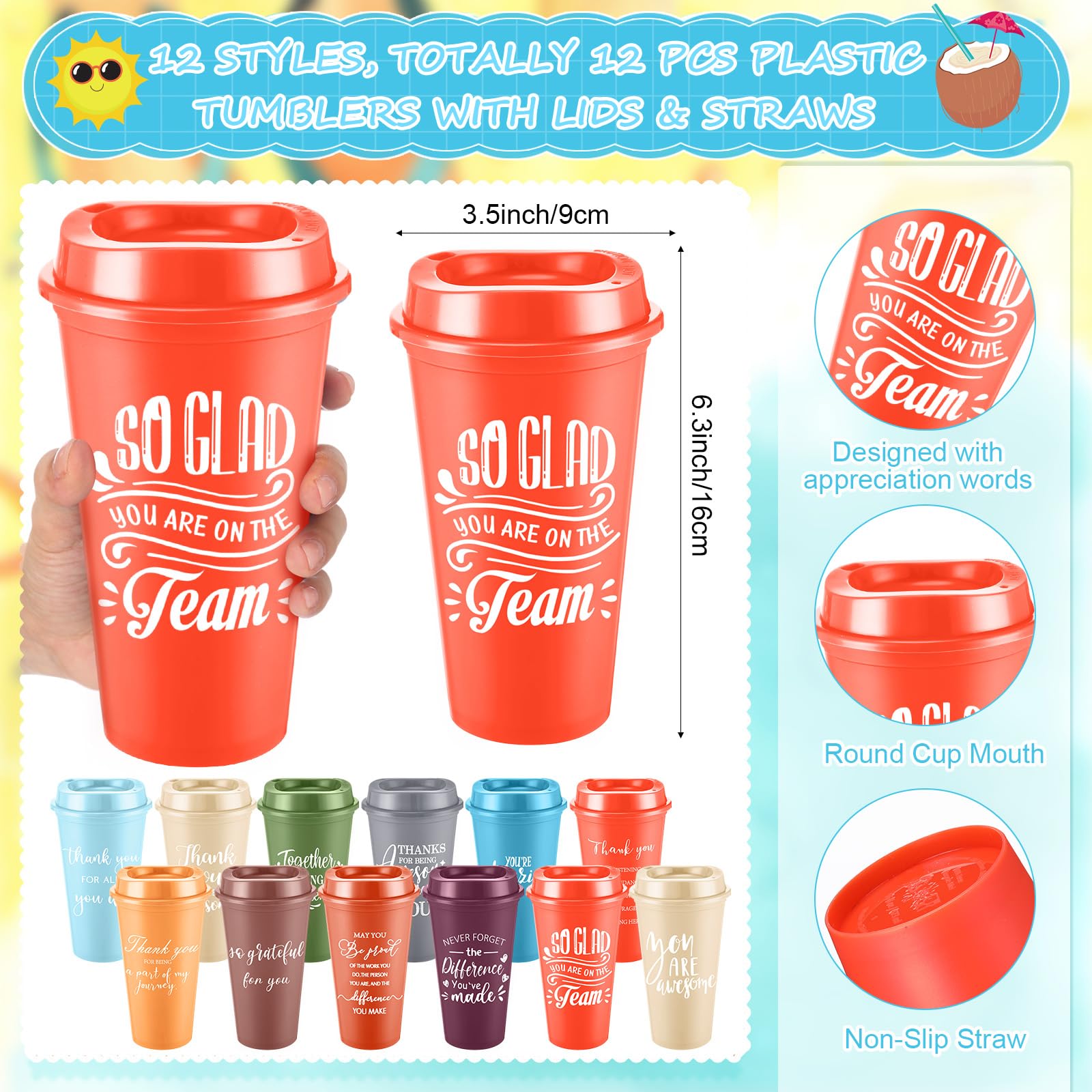 LemonRoad Set di 36 bicchieri in plastica con coperchio, con cannuccia e penna a spirale, regalo di ringraziamento per ufficio e team (moderno, luminoso)
