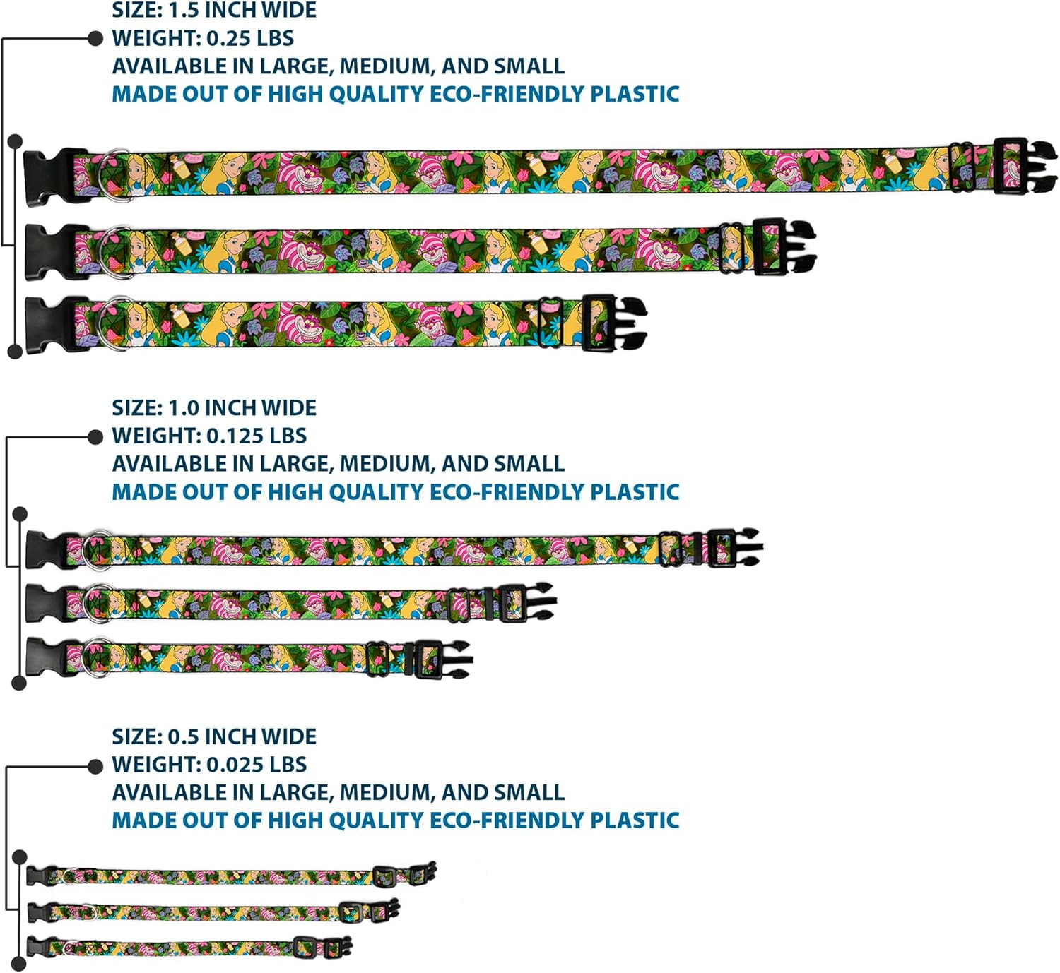 Buckle-Down Plastic Clip Collar - Alice & Cheshire Cat Poses/Flowers - 1.5" Wide - Fits 13-18" Neck - Small