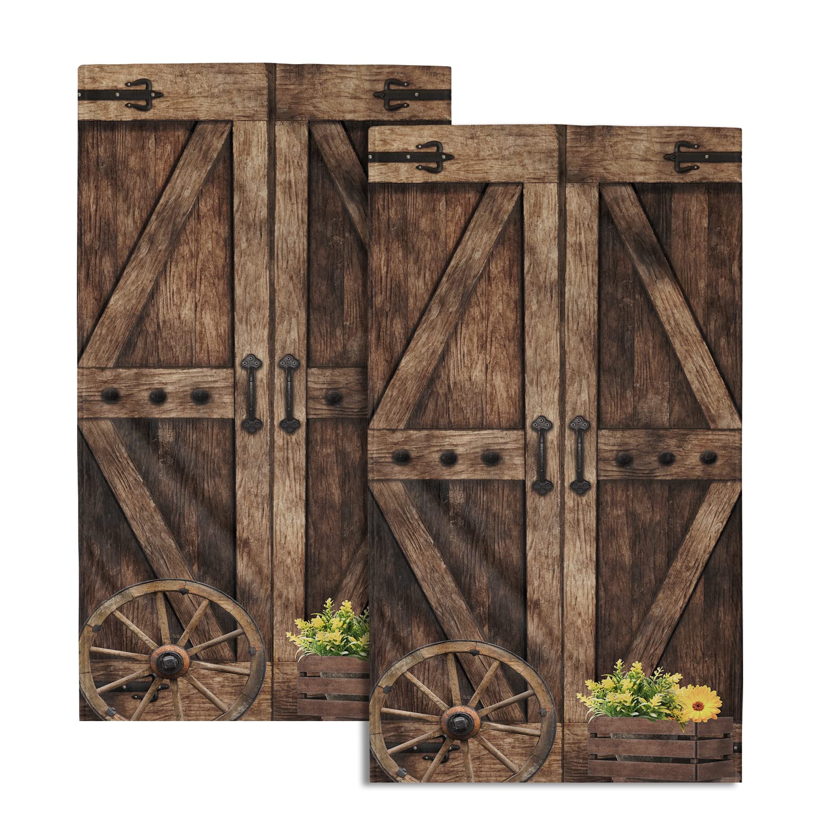 GiwawaRustic Barn Door Hand Towels Set of 2 Brown Wood Fingertip Towels Soft Absorbent Towels for Bathroom Kitchen Yoga Gym Decorative