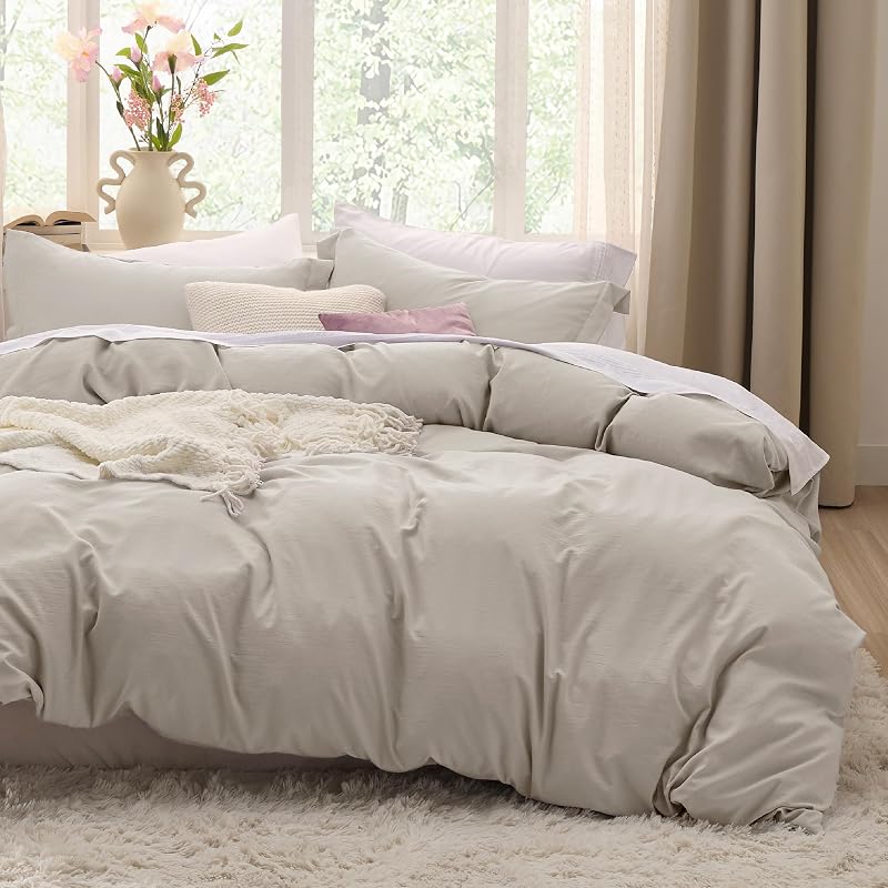 Bedsure Funda nórdica prelavada King, juego de cama suave similar al algodón, lino | Ultra suave, textura relajada, comodidad transpirable de 104 x 90 pulgadas, cremallera oculta, 8 lazos en las esquinas, fácil cuidado, OEKO-TEX, uso durante todo el año