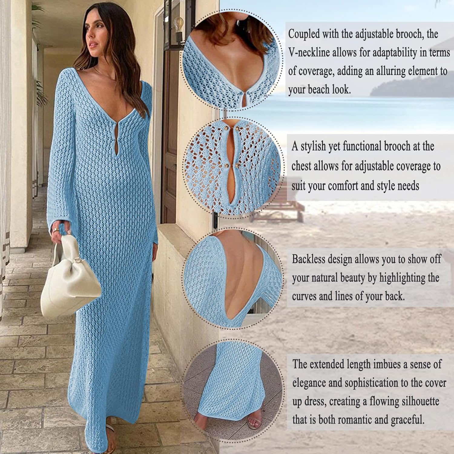 Leoparts Crochet Swimsuit Cover Up for Women Sexy V Neck Hollow Out Backless Maxi Dress Beach Bikini Coverup Dresses - Image 4