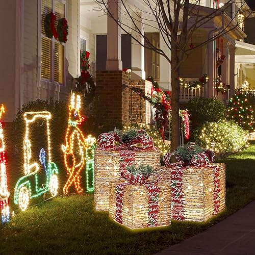 Miniatura 3 de TWINGLEHOME Paquete de 3 cajas de regalo de ratán iluminadas con 70 luces LED de Navidad de 10 a 8.5 pulgadas, 70 luces LED, decoraciones navideñas