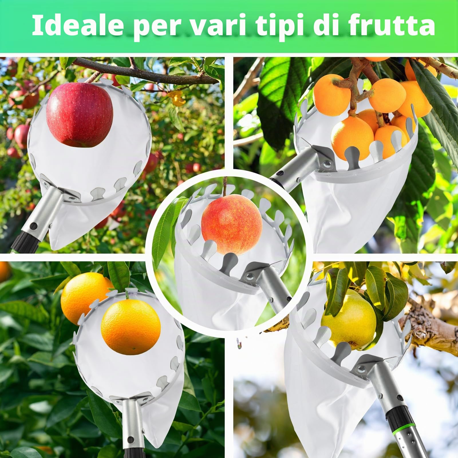 KOMABLEN 4M Raccogli Frutta Telescopico, Raccogli Cachi in Acciaio Inox e Borsa in Cotone, Raccoglifrutta Regolabile, Raccogli Frutta da Albero per Limoni Mele Pere Arance