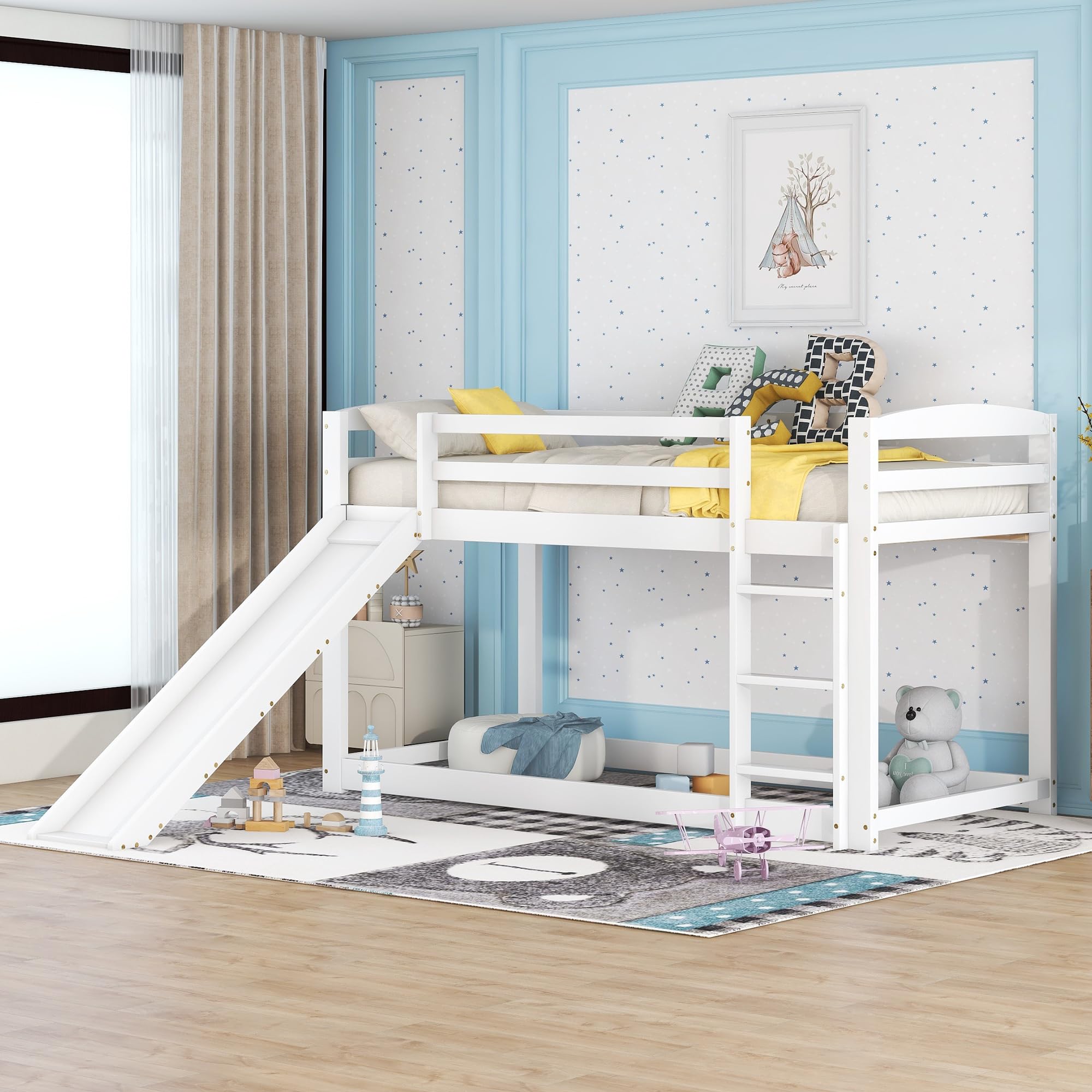 Rtopsu Kinderbett Etagenbett 90x200 cm, Hochbett mit Treppe und Rutsche für 1-2 Kinder, Bett Bettgestell mit Rausfallschutz und Lattenrost aus Holz, Weiß, Ohne Matratze