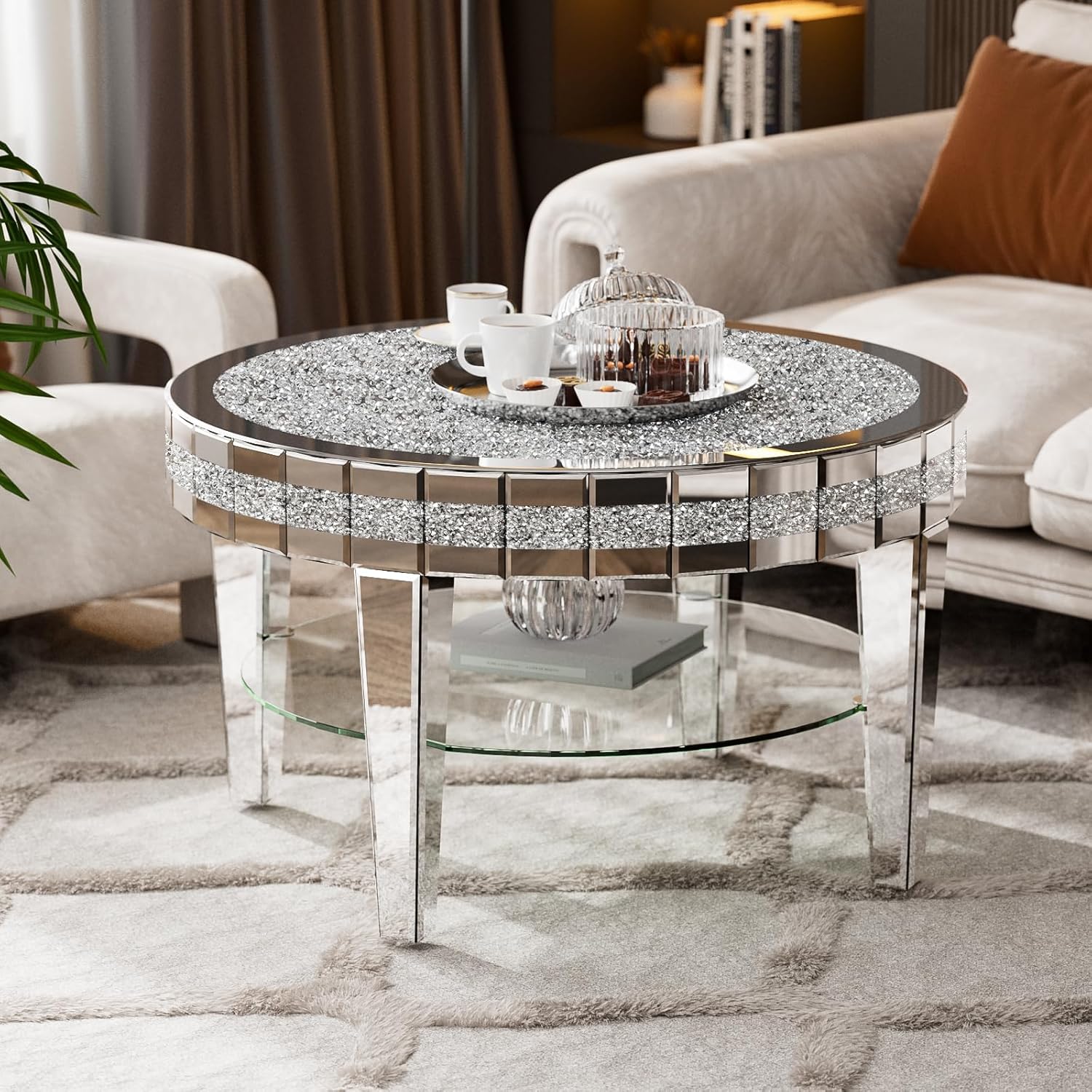 IKIFLY Mirrored Coffee Table 2-Tier with Crushed Diamond, 31.5 Inches Silver Living Room Table, Round Coffee Table with Storage for Office