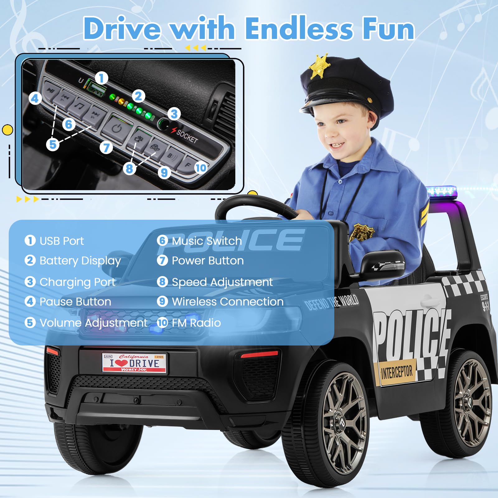 SOARS Macchina Elettrica della Polizia per Bambini 12V (Nero)