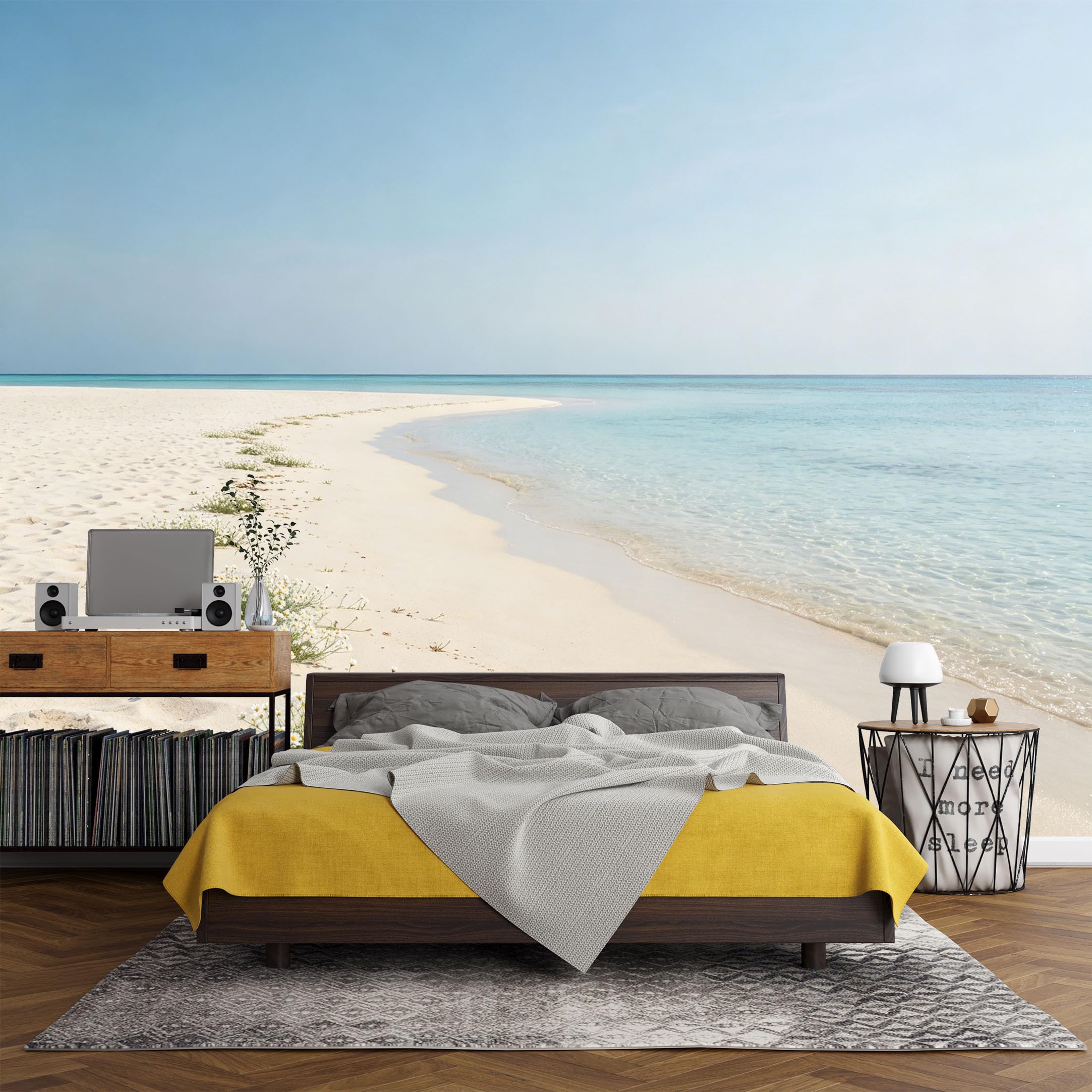 Custom Size Wall Mural， Coastal Beach Shoreline White Sand Blue Sea Horizon Landscape，SelfAdhesive Art Prints wall Fabric (No PVC) Removable Wallpaper Living Room Decor