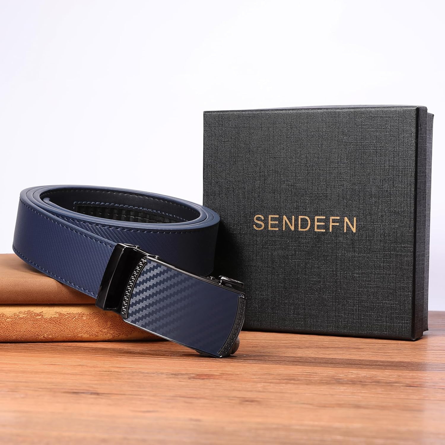 SENDEFN Men's Leather Belt Automatic Ratchet Buckle Slide Belt for Dress Casual Trim to Fit with Gift Box - Image 6