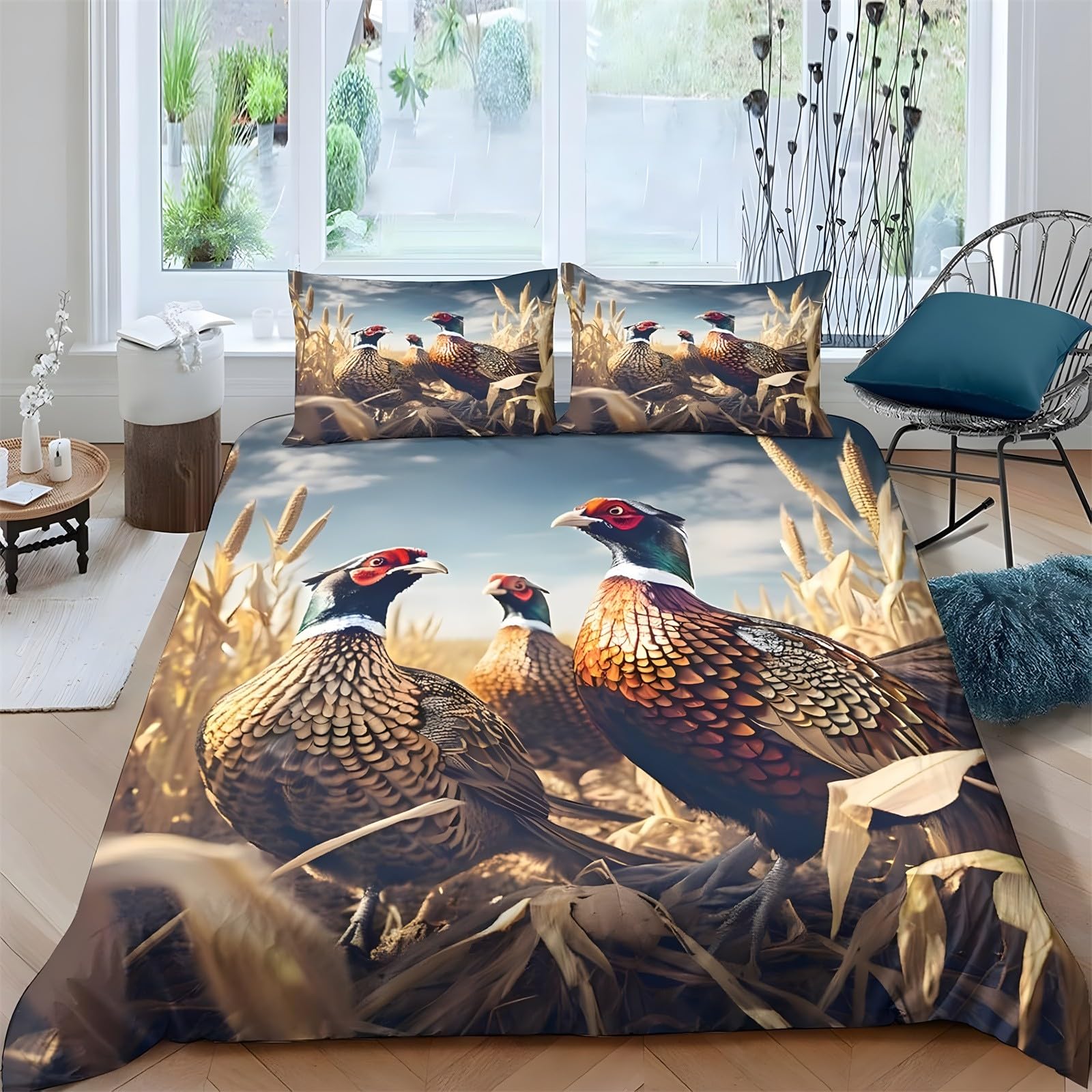 Ypthriline Double Bedding Set Pheasant Bedding Set Microfiber Field Duvet Covers with Pillowcases Reversible Bedding With Zipper Closure 200x200CM